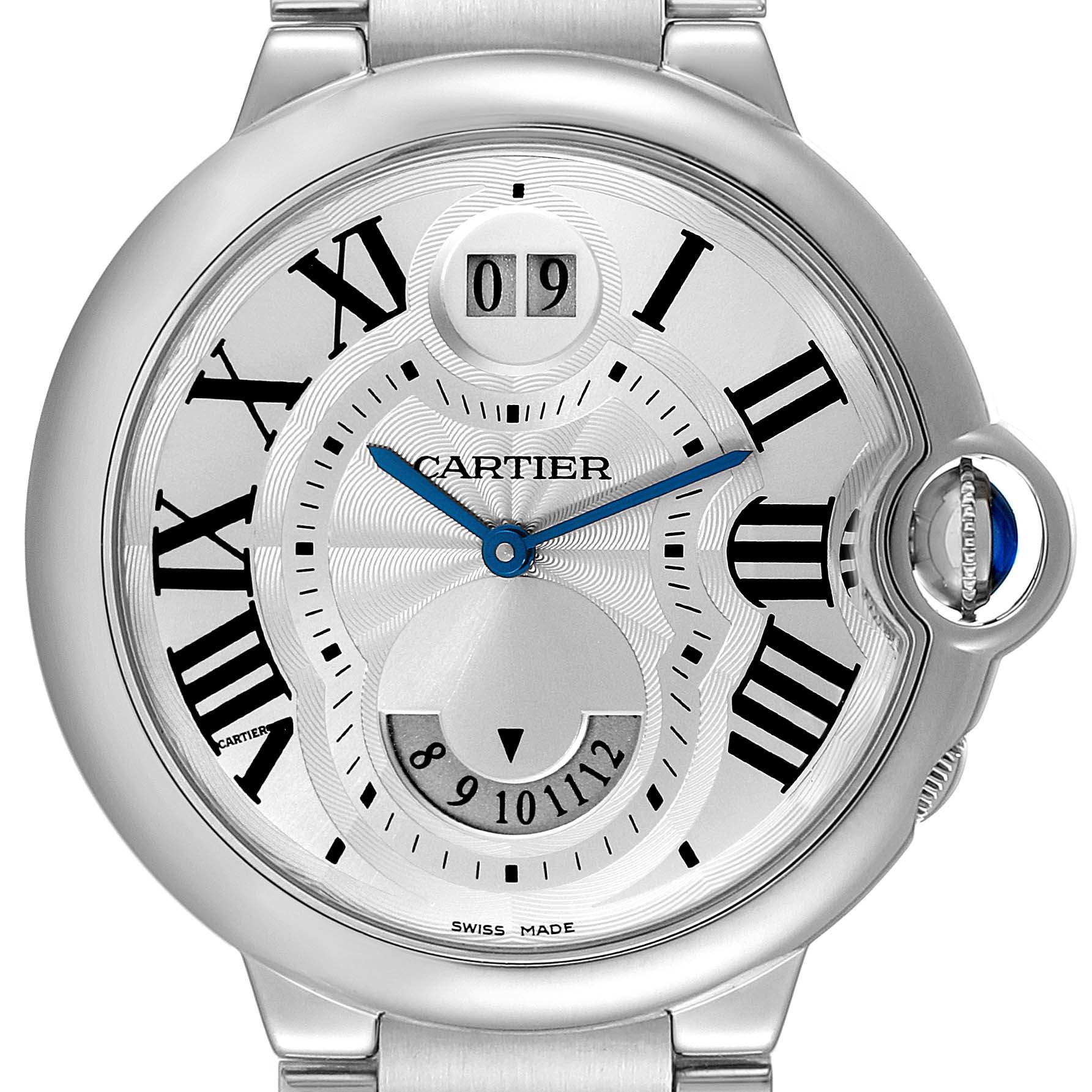 This image displays a Cartier Ballon Bleu W6920011 Men's Stainless Steel Silver Dial W6920011 Men's Stainless Steel Silver Dial watch face, featuring Roman numerals, blue hands, and a stainless steel case.