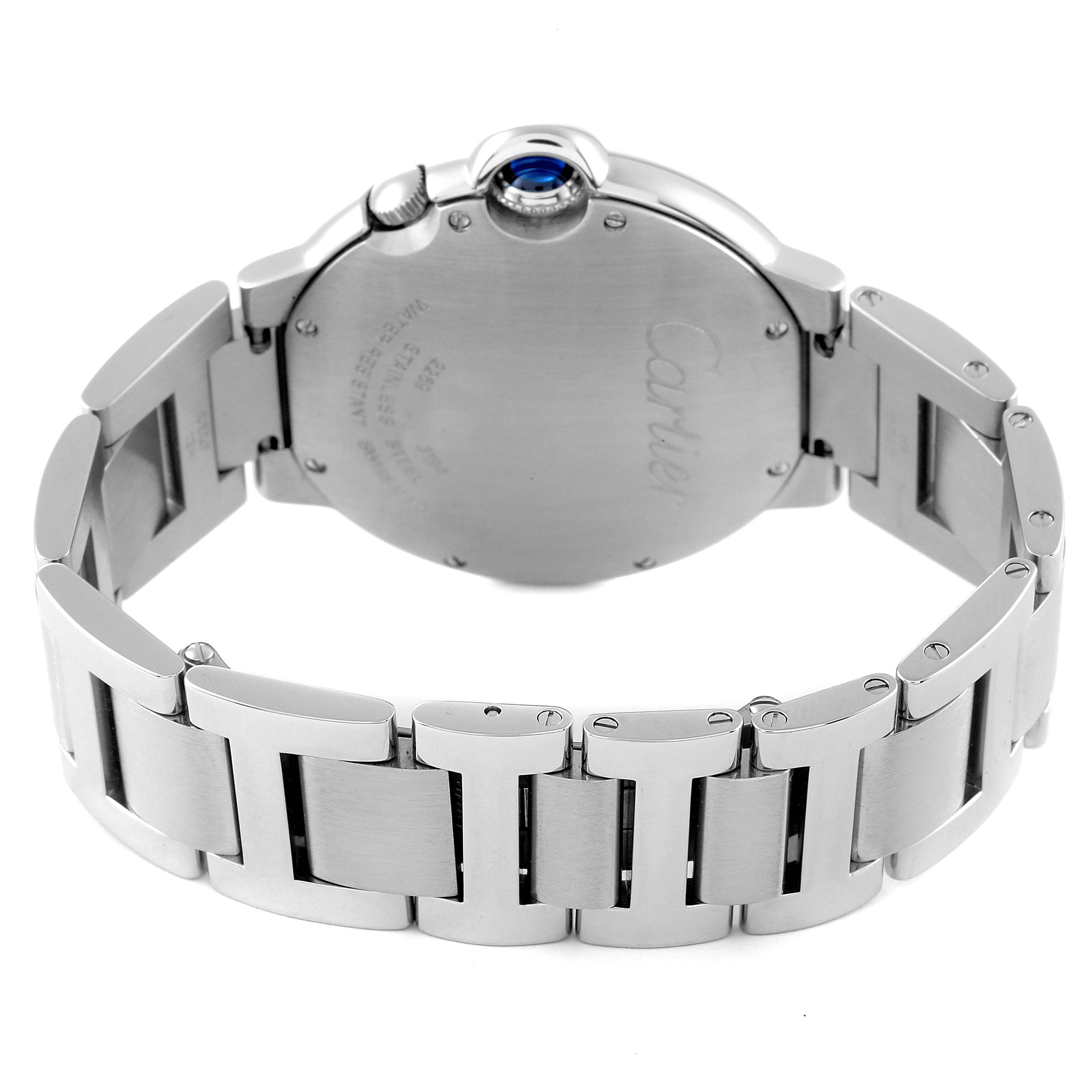 The image shows the back and stainless steel bracelet of the Cartier Ballon Bleu W6920011 Men's Stainless Steel Silver Dial W6920011 Men's Stainless Steel Silver Dial watch.