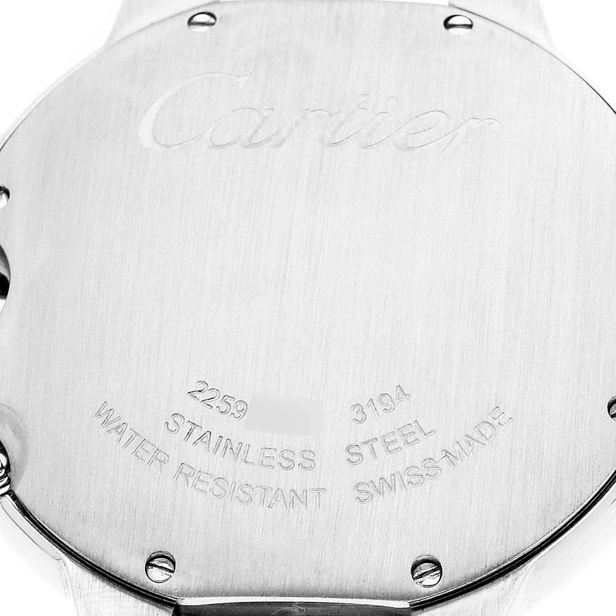 This image shows the back case of the Cartier Ballon Bleu W6920011 Men's Stainless Steel Silver Dial W6920011 Men's Stainless Steel Silver Dial watch, highlighting its engraved brand name and specifications.