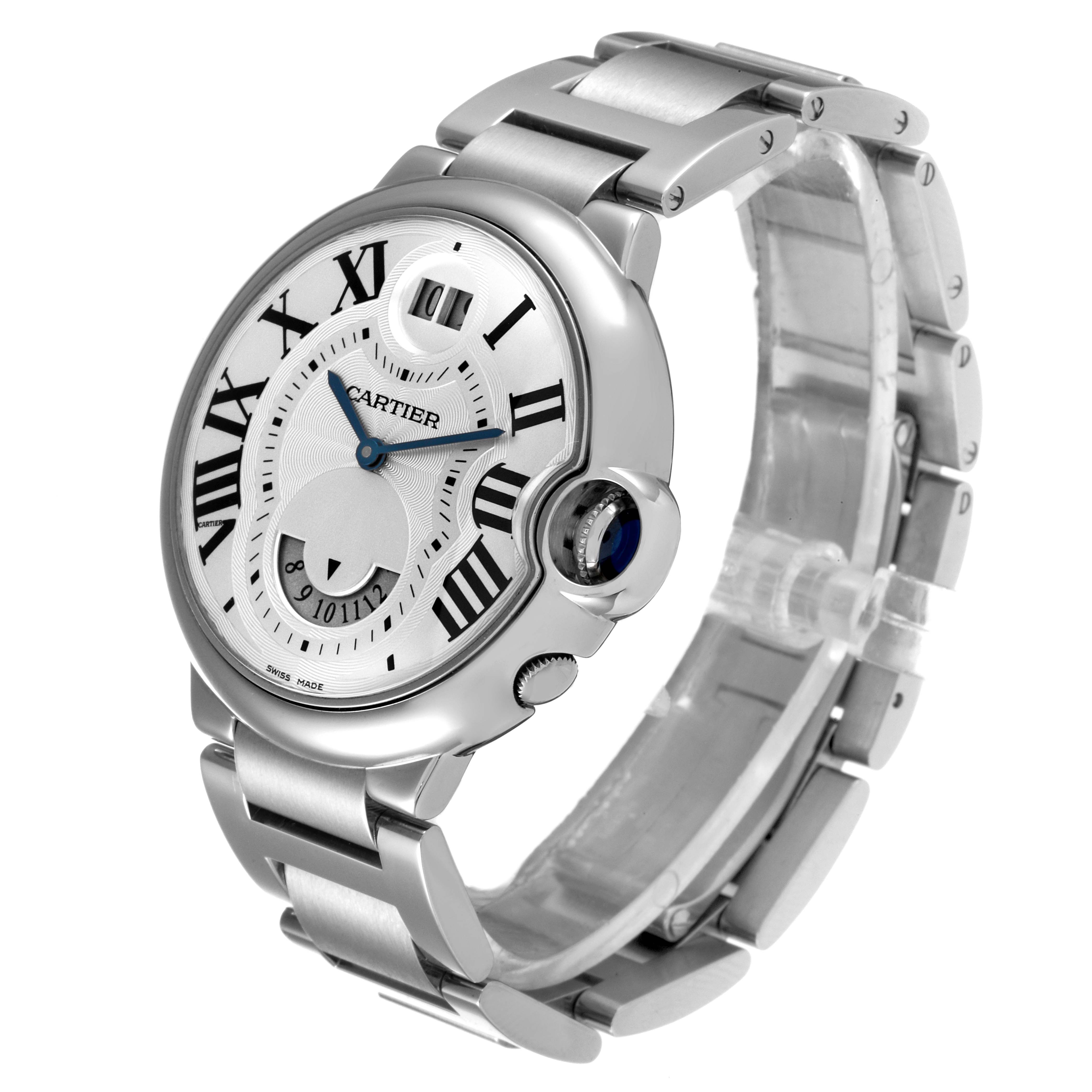 This image shows a side-angle view of the Cartier Ballon Bleu W6920011 Men's Stainless Steel Silver Dial W6920011 Men's Stainless Steel Silver Dial watch, highlighting its silver bracelet and distinctive crown.