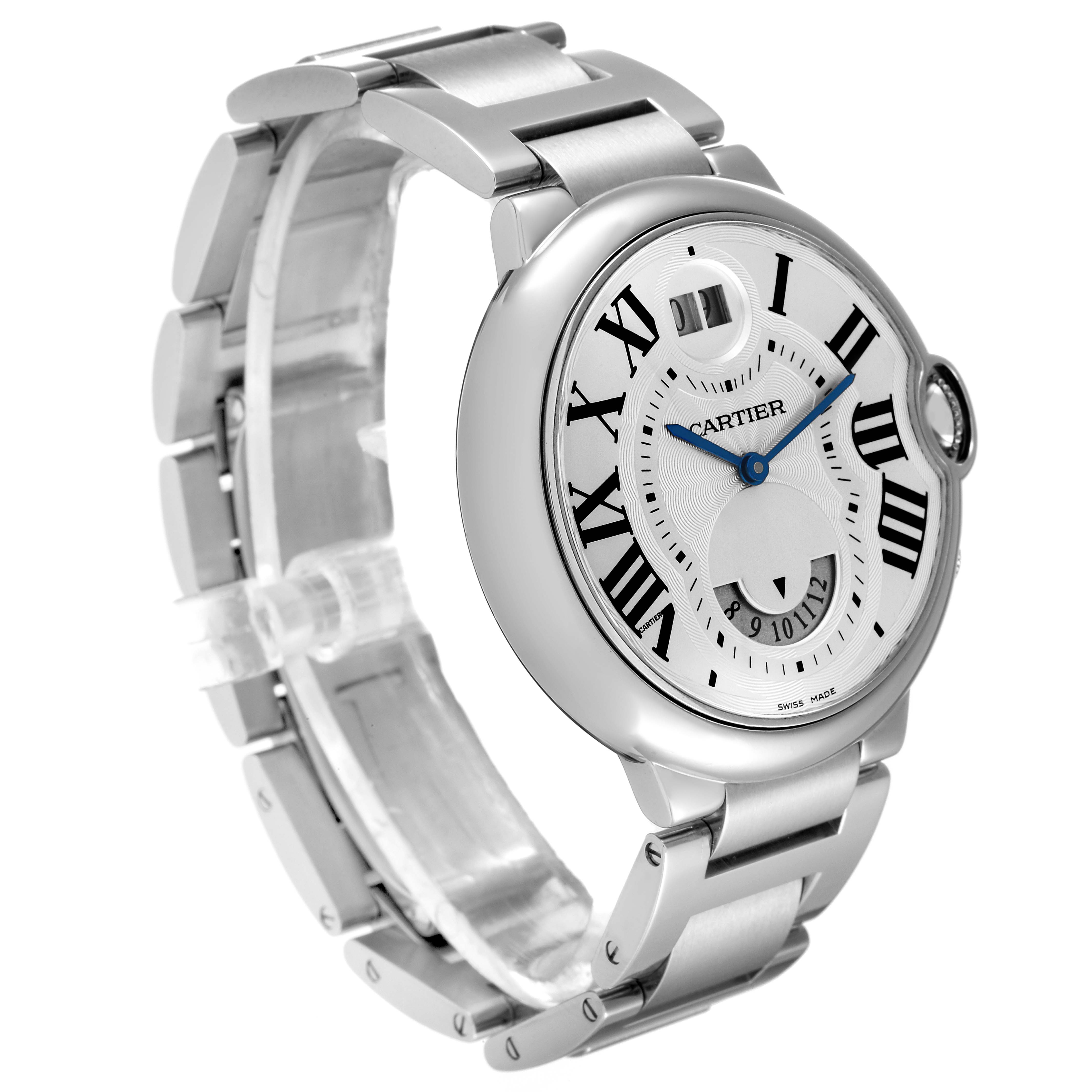 The image shows a side angle view of a Cartier Ballon Bleu W6920011 Men's Stainless Steel Silver Dial W6920011 Men's Stainless Steel Silver Dial watch, displaying its dial, bracelet, and crown.
