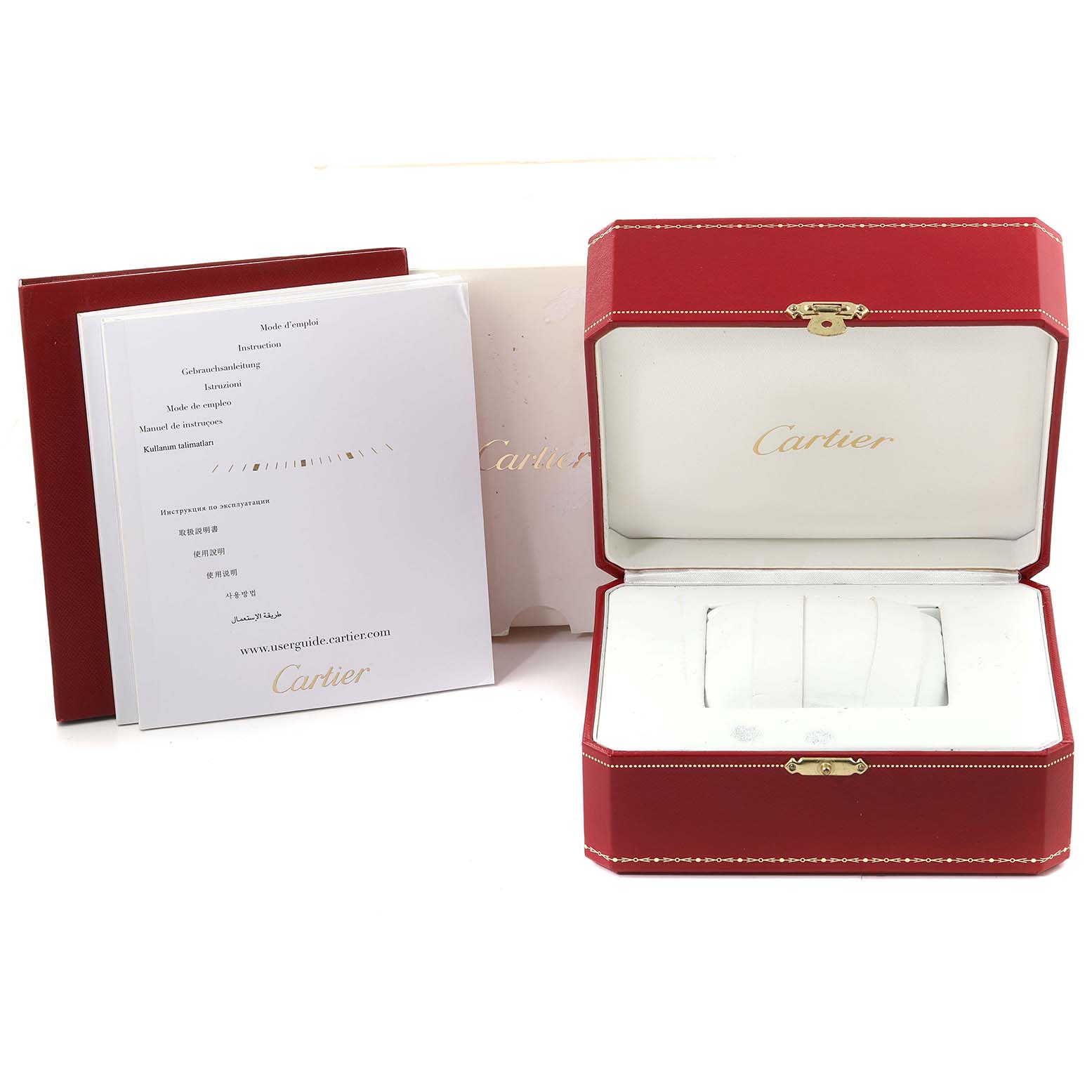 The image shows packaging and accessories for the Ballon Bleu model by Cartier, including a red box and instruction manuals.