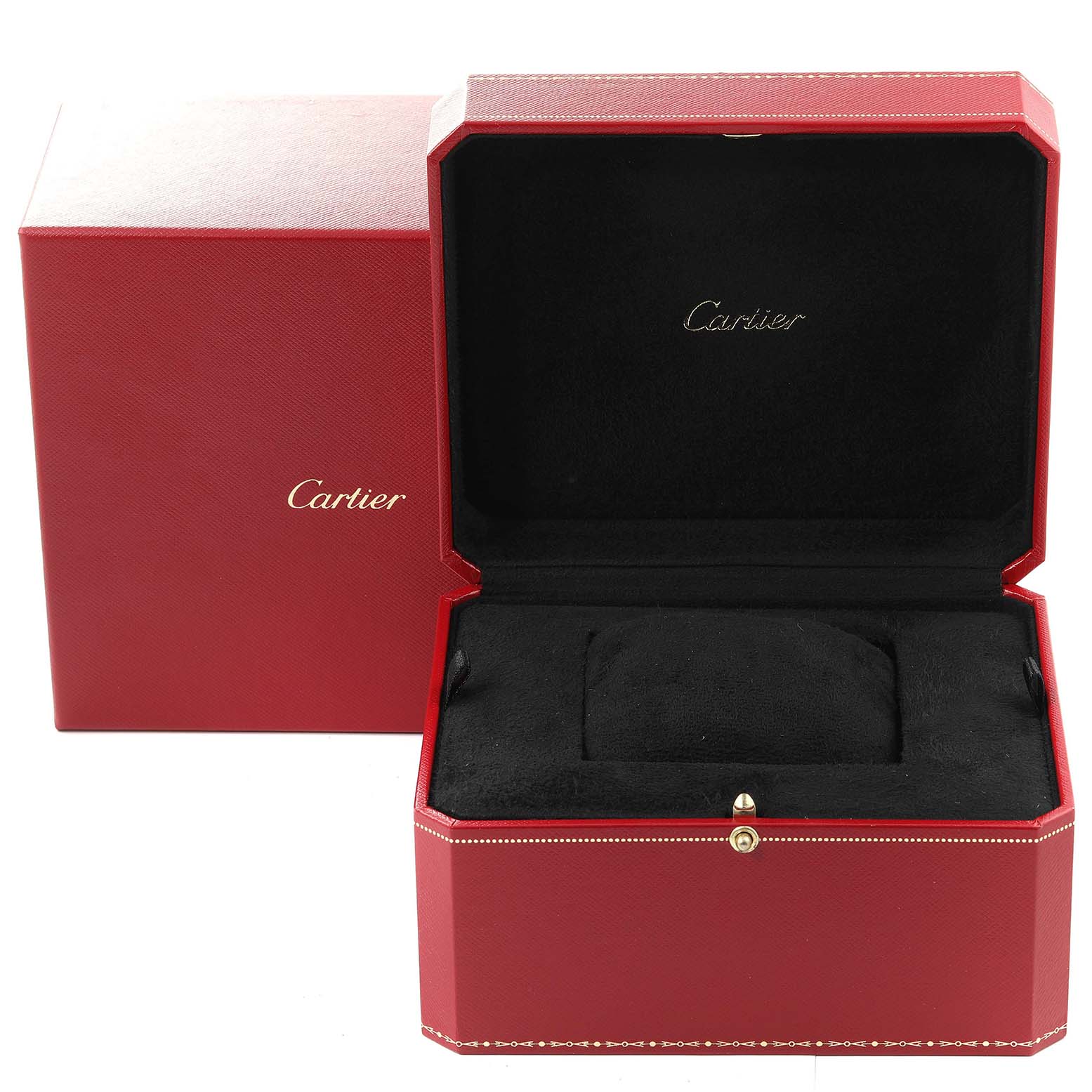 This image shows an open red Cartier watch box for the Calibre de Cartier model, with the Cartier logo inside the lid.