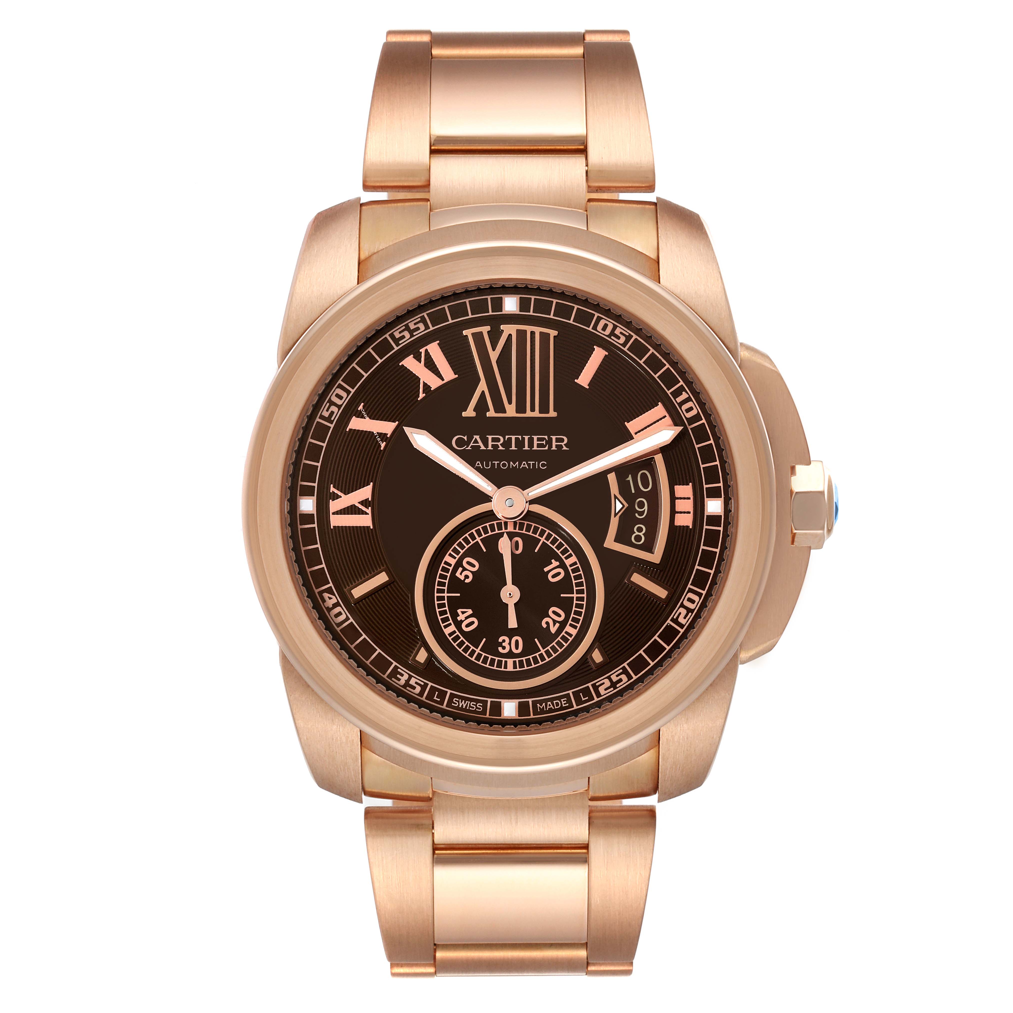 This image shows a frontal view of a Calibre de Cartier watch by Cartier, highlighting the dial and rose gold bracelet.
