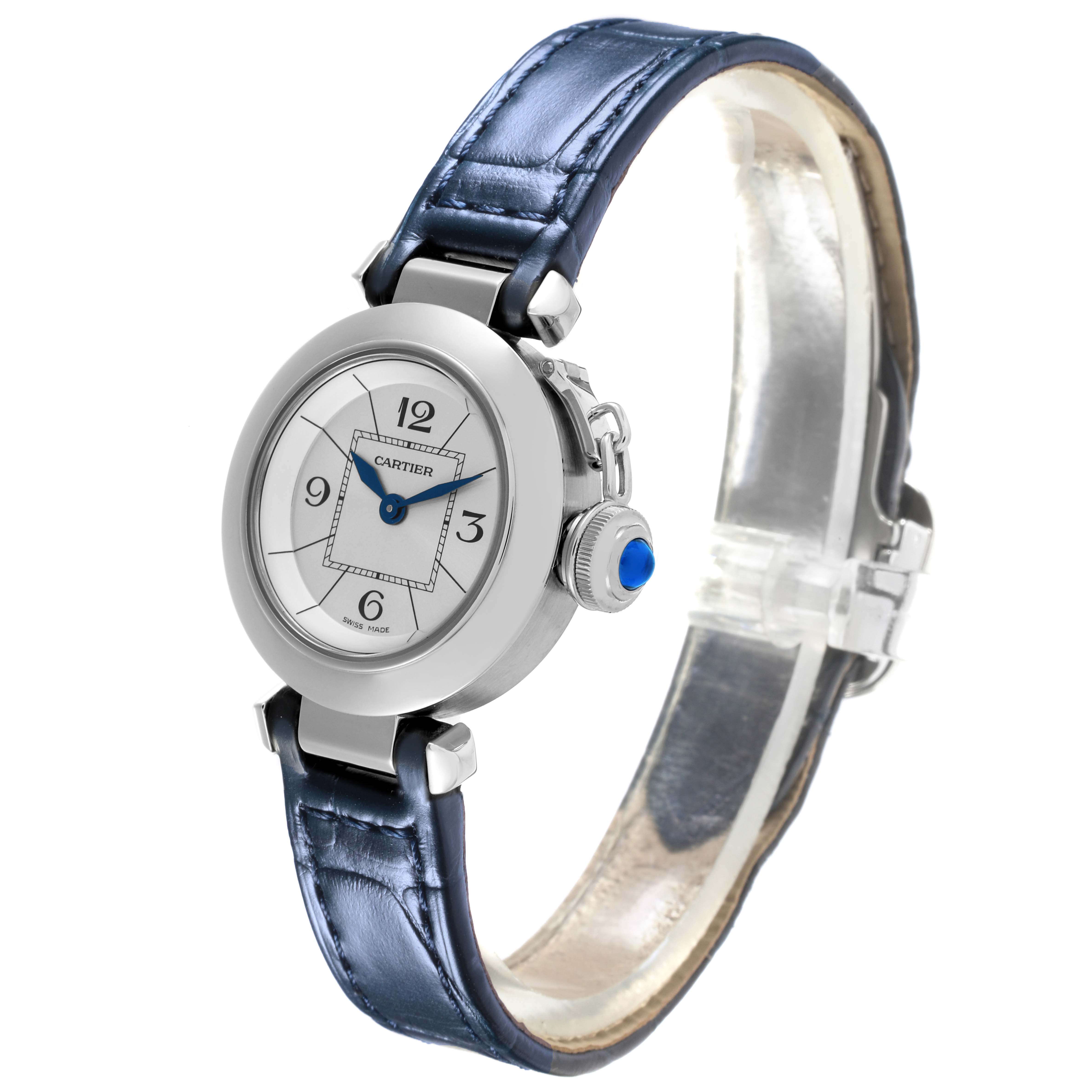 The Cartier Pasha W3140025 Women
s Stainless Steel Silver Dial W3140025 Women
s Stainless Steel Silver Dial watch is shown at a slightly angled side view, displaying the face, bezel, and strap.