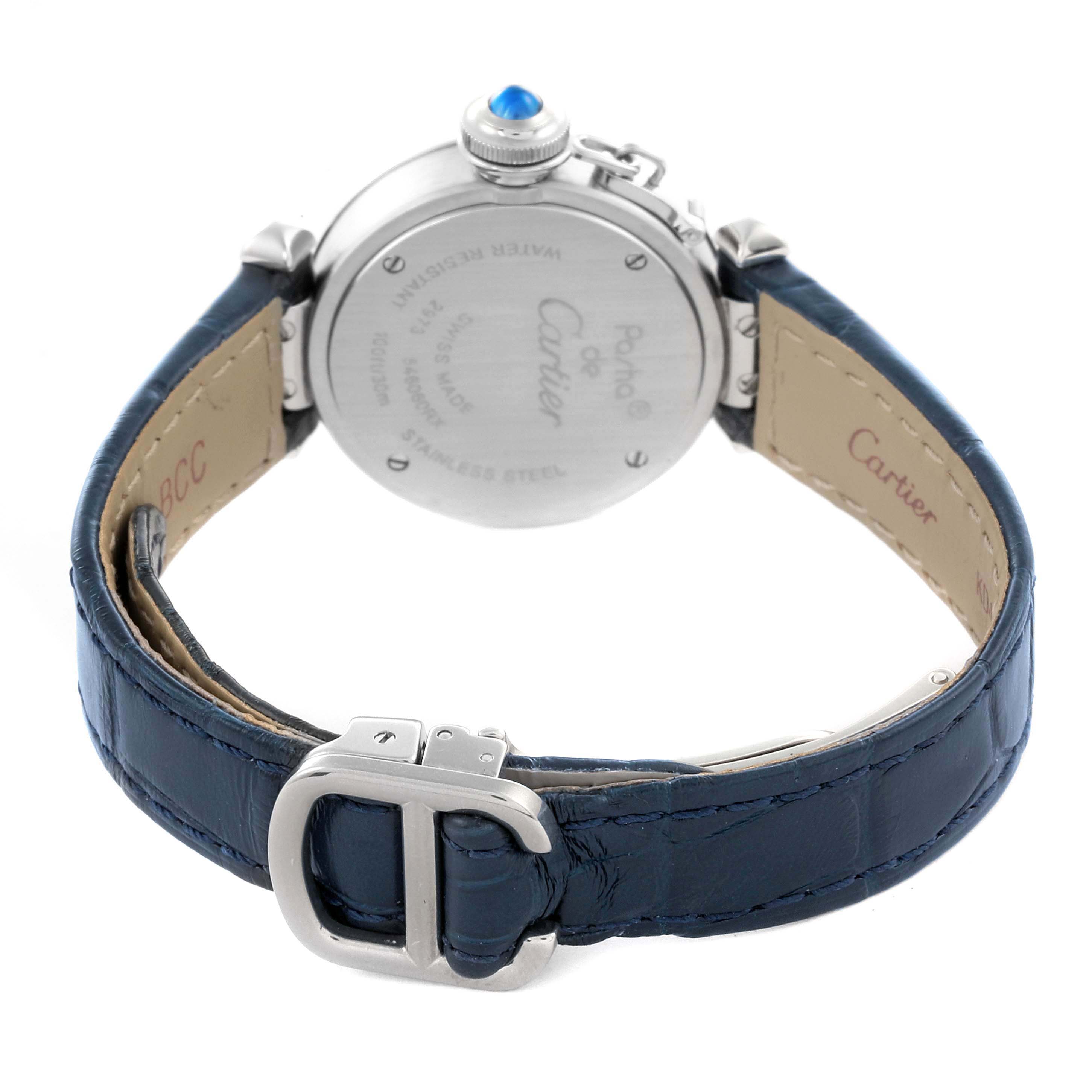 The image shows the back view of the Cartier Pasha W3140025 Women
s Stainless Steel Silver Dial W3140025 Women
s Stainless Steel Silver Dial watch, highlighting the case back and leather strap.