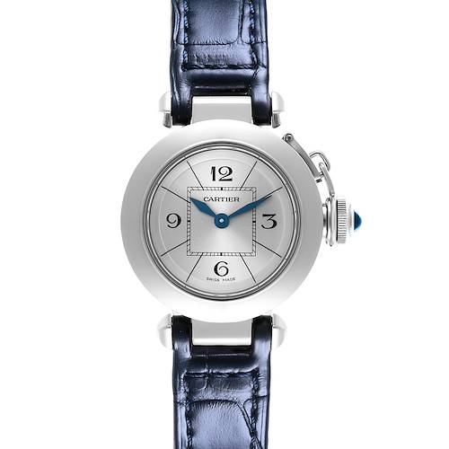 The Cartier Pasha watch is shown from a front angle, displaying its dial, blue hands, steel case, and leather strap.