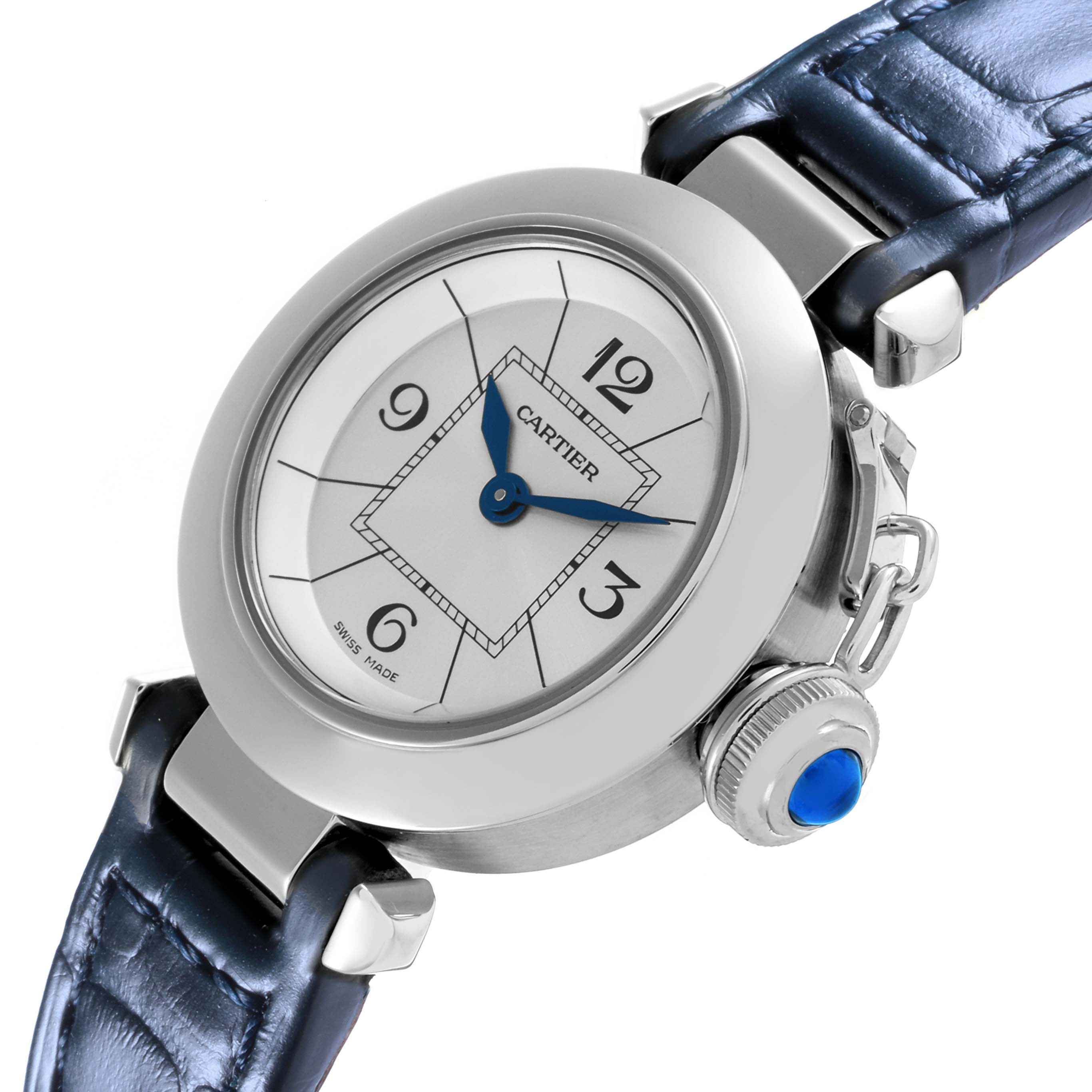 The Cartier Pasha W3140025 Women
s Stainless Steel Silver Dial W3140025 Women
s Stainless Steel Silver Dial watch is shown at an angled close-up, displaying the dial, case, crown, and part of the strap.