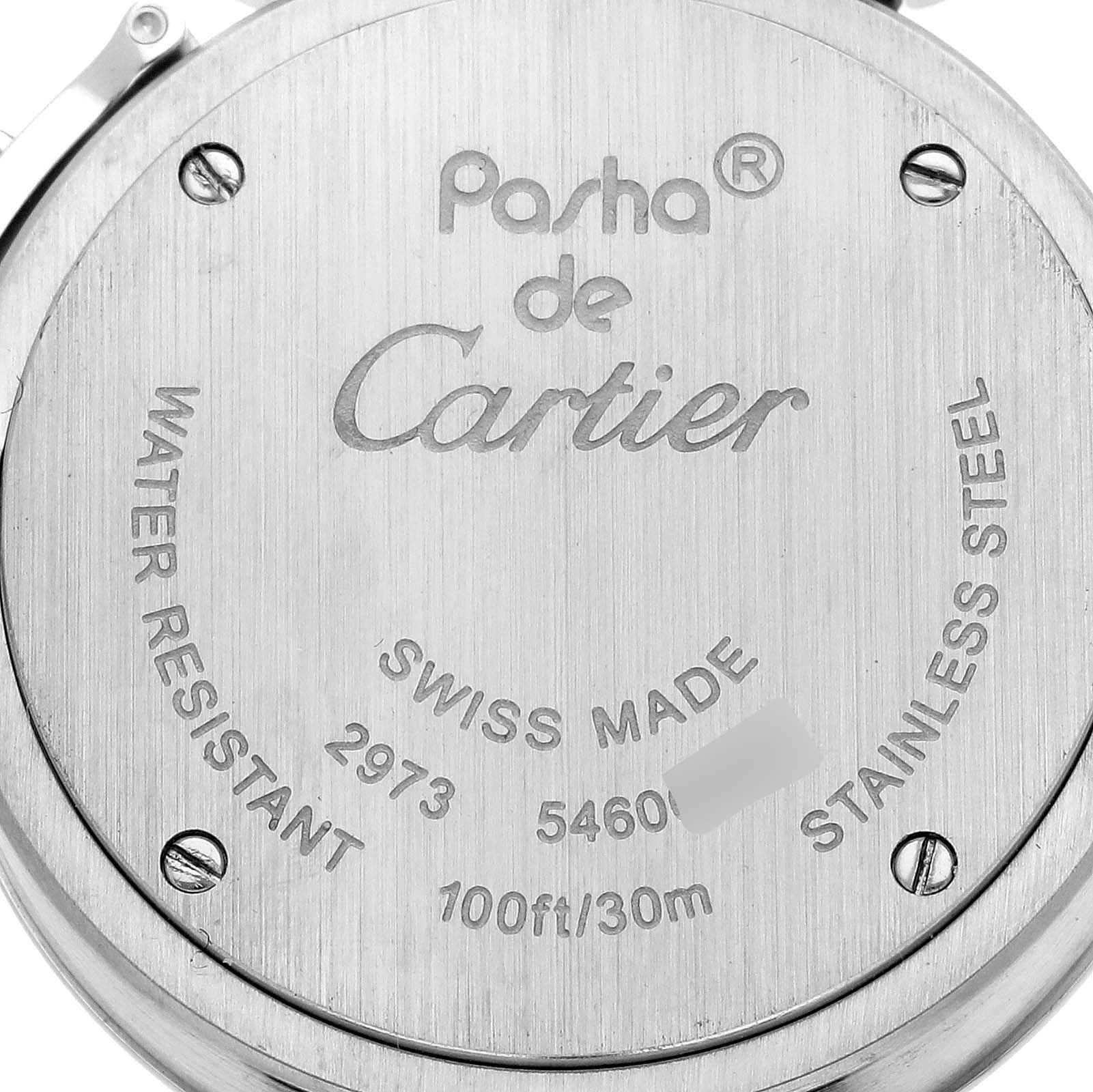 The image shows the back case of a Cartier Pasha W3140025 Women
s Stainless Steel Silver Dial W3140025 Women
s Stainless Steel Silver Dial watch, highlighting the logo and water resistance info.
