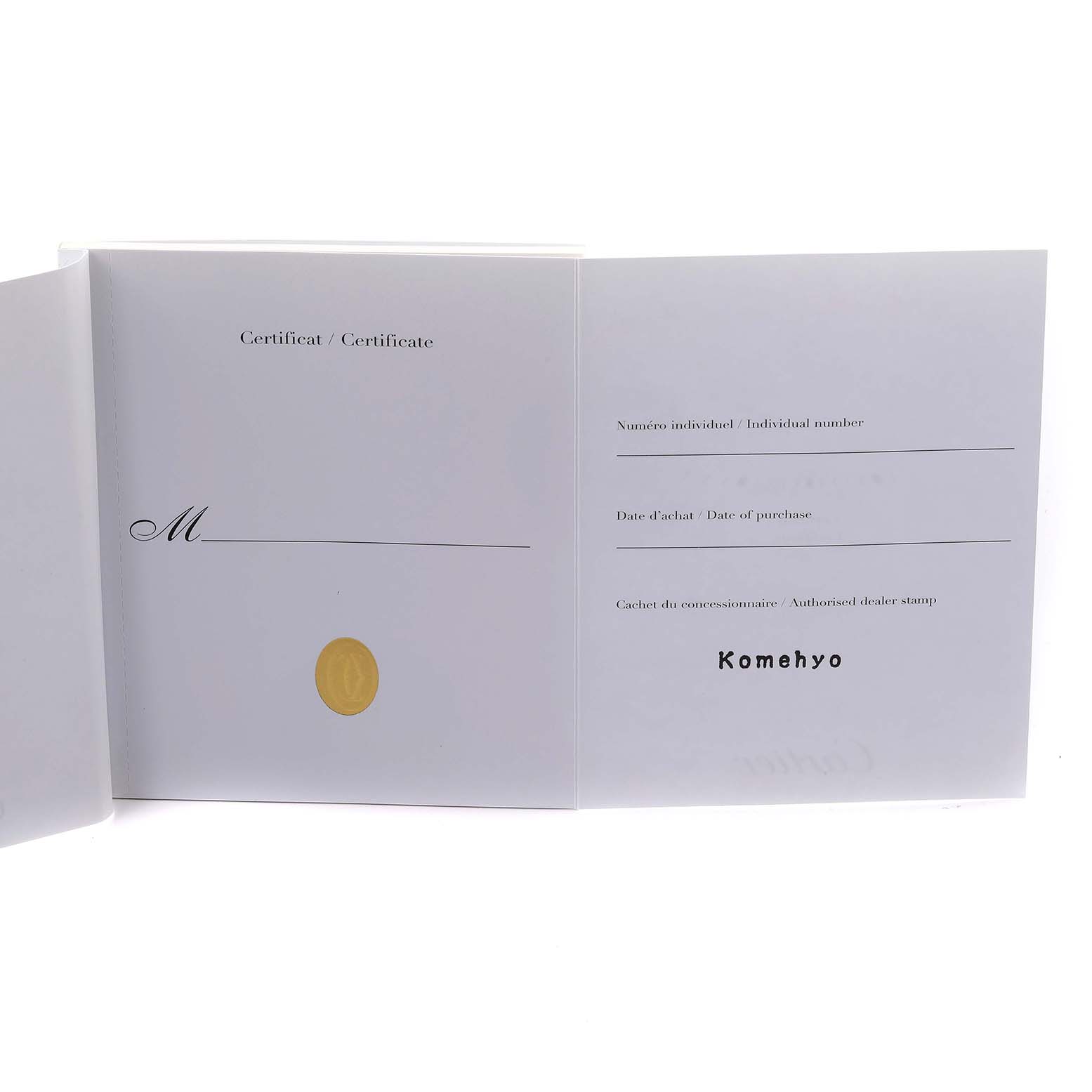 The image shows an open certificate book for the Cartier Pasha W3140025 Women
s Stainless Steel Silver Dial W3140025 Women
s Stainless Steel Silver Dial model, displaying spaces for personal and purchase details.