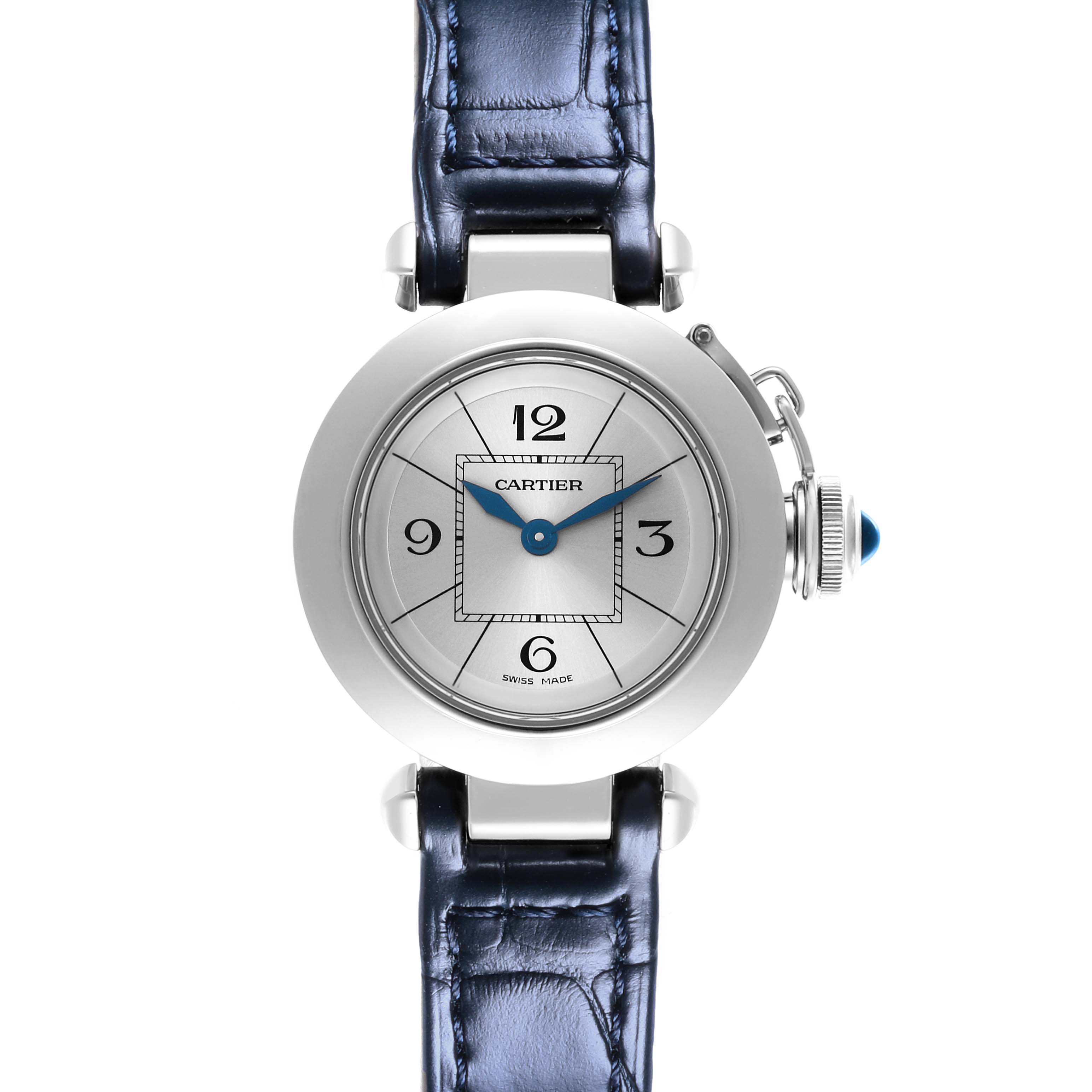 The image shows a front view of the Cartier Pasha W3140025 Women
s Stainless Steel Silver Dial W3140025 Women
s Stainless Steel Silver Dial watch, highlighting the dial, hands, crown, and leather strap.