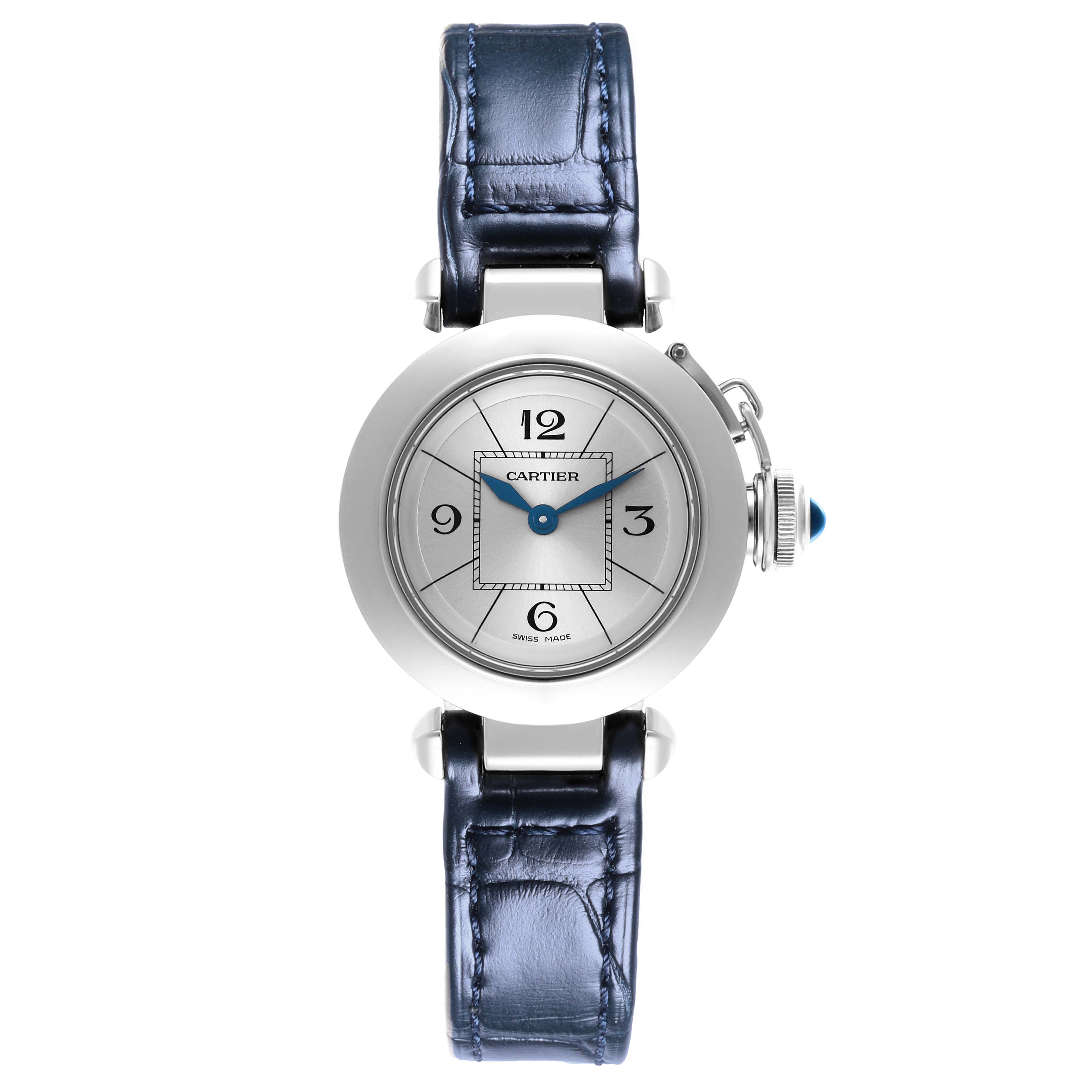 The Cartier Pasha W3140025 Women
s Stainless Steel Silver Dial W3140025 Women
s Stainless Steel Silver Dial watch is shown from a top-down angle, highlighting the dial, case, and blue leather strap.