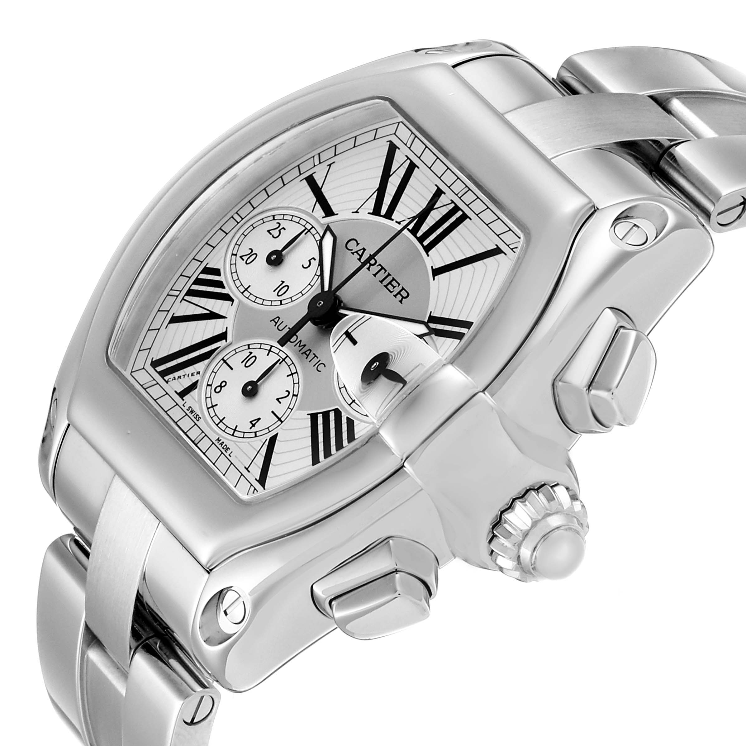 The image shows a close-up of the Cartier Roadster W62019X6 Men
s Stainless Steel Silver Dial W62019X6 Men
s Stainless Steel Silver Dial watch from an angled side-view, highlighting the dial, chronograph subdials, and crown.