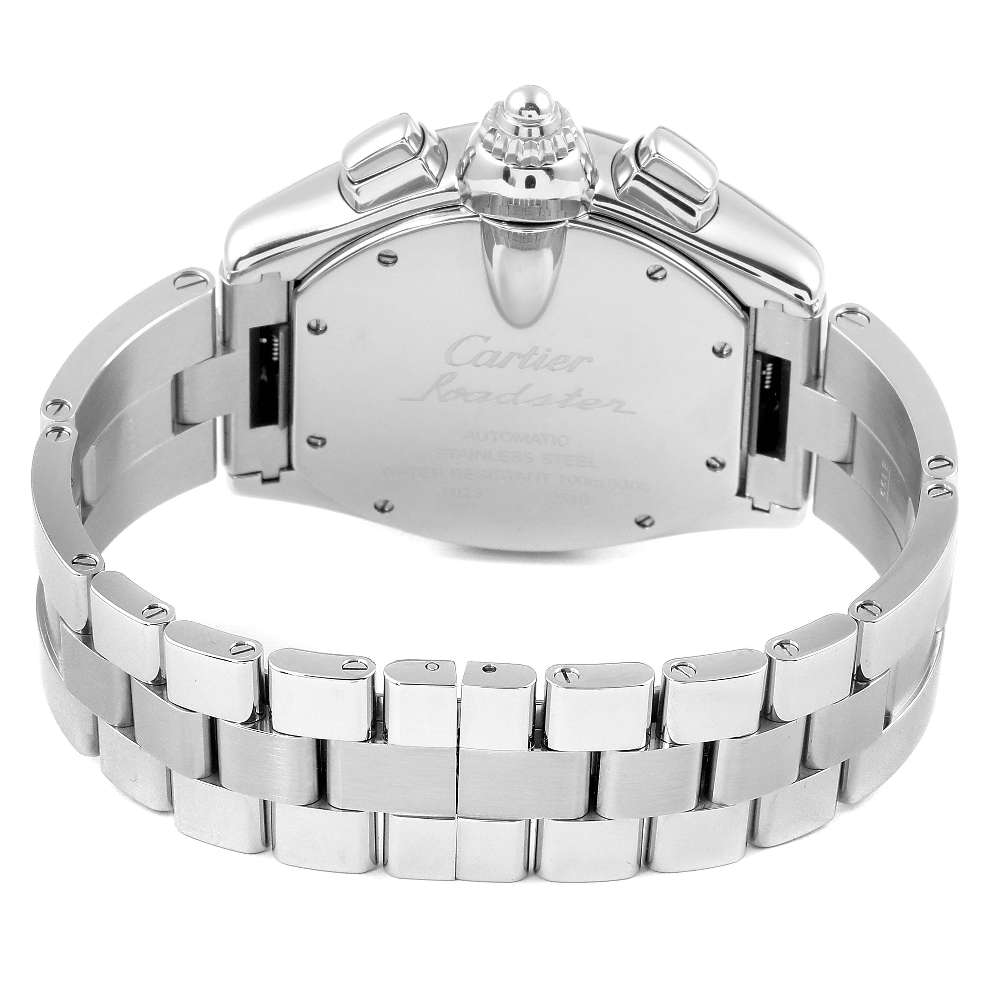 The image shows the back and bracelet of a Cartier Roadster W62019X6 Men
s Stainless Steel Silver Dial W62019X6 Men
s Stainless Steel Silver Dial watch, highlighting the clasp and rear case.