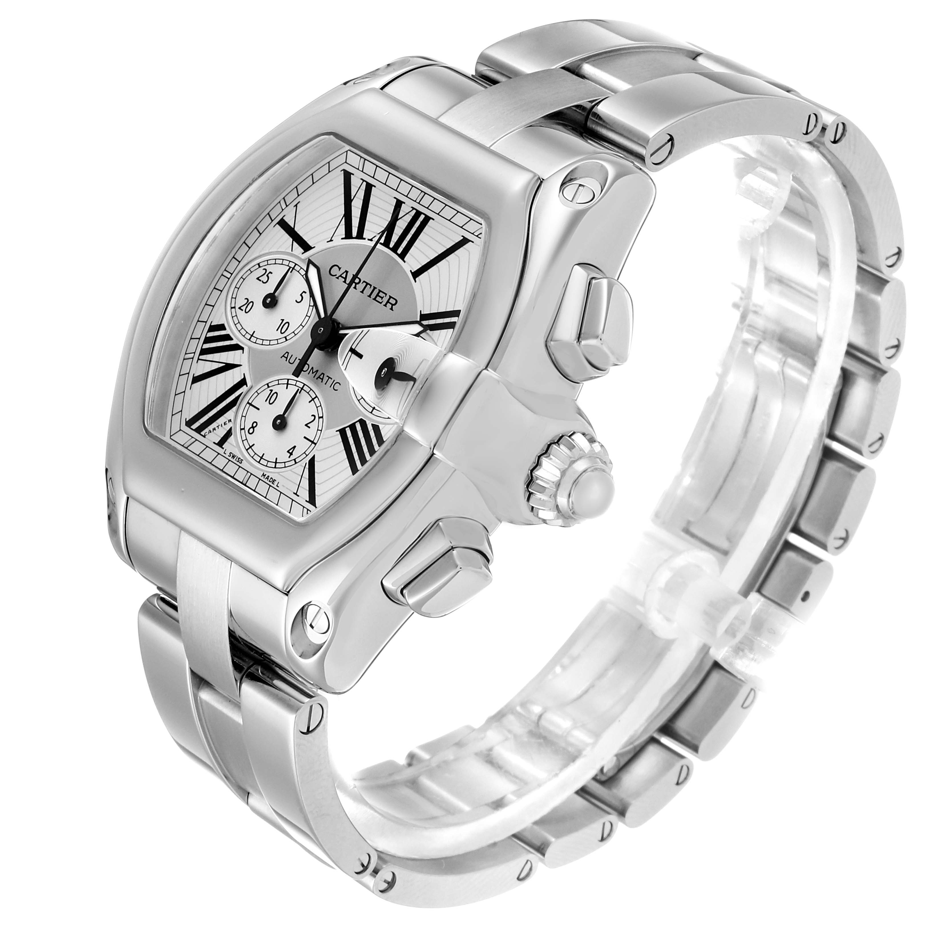 The Cartier Roadster W62019X6 Men
s Stainless Steel Silver Dial W62019X6 Men
s Stainless Steel Silver Dial watch is shown at an angle highlighting the watch face, side crown, and partial bracelet.
