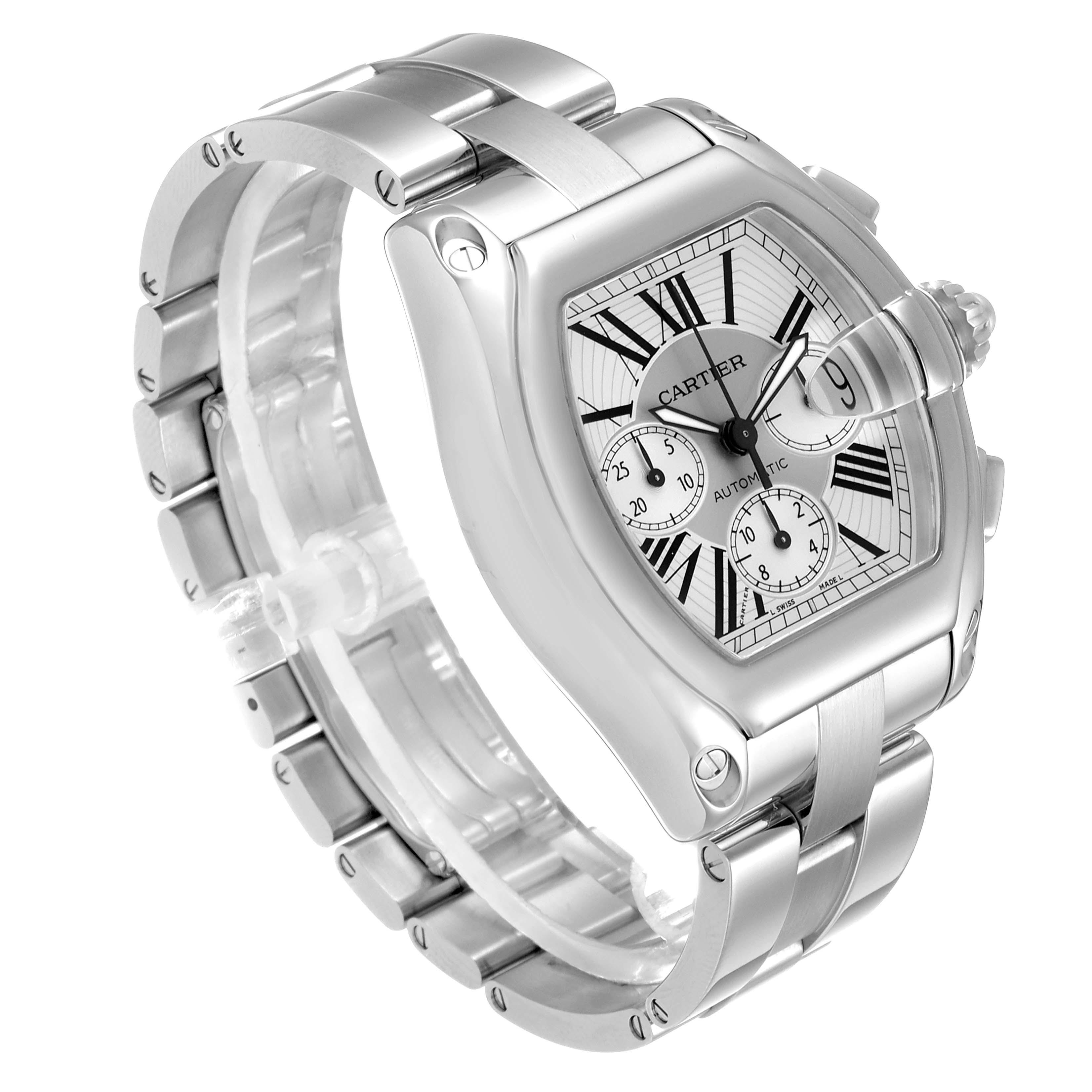 The image shows a Cartier Roadster W62019X6 Men
s Stainless Steel Silver Dial W62019X6 Men
s Stainless Steel Silver Dial watch at a slight angle, clearly displaying the face, bezel, crown, and metal bracelet.
