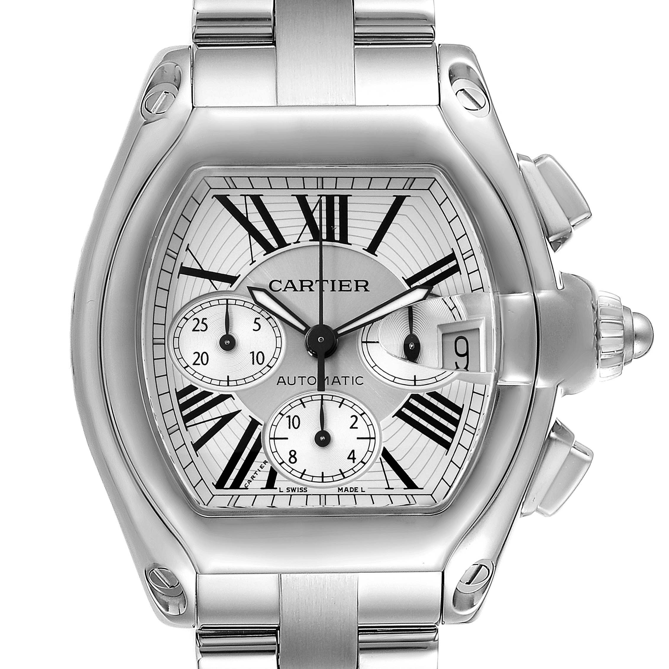 The image shows a close-up of the Cartier Roadster W62019X6 Men
s Stainless Steel Silver Dial W62019X6 Men
s Stainless Steel Silver Dial watch
s face and part of its metal bracelet.