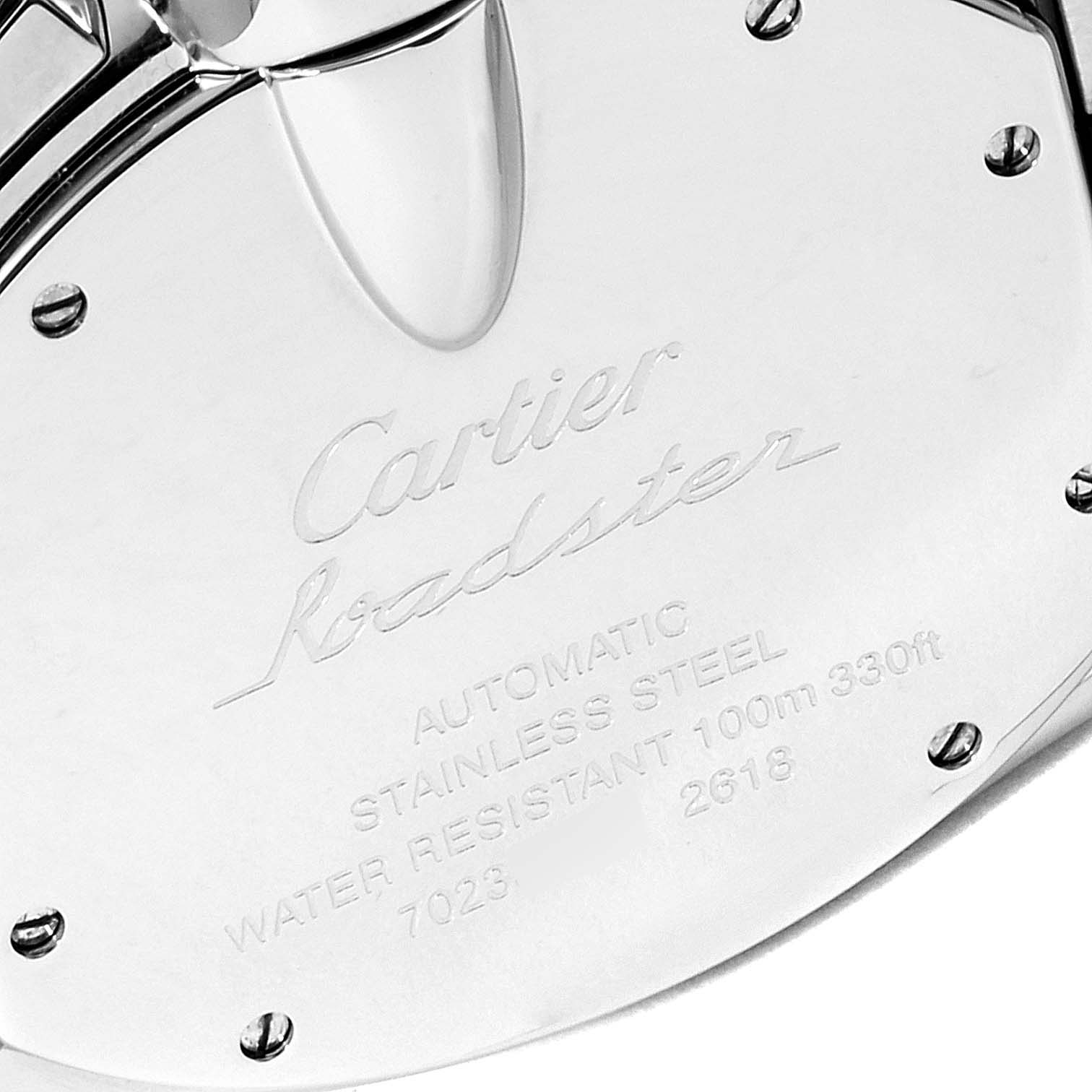 This image shows the back case of a Cartier Roadster W62019X6 Men
s Stainless Steel Silver Dial W62019X6 Men
s Stainless Steel Silver Dial watch, highlighting its engravings and stainless steel material.
