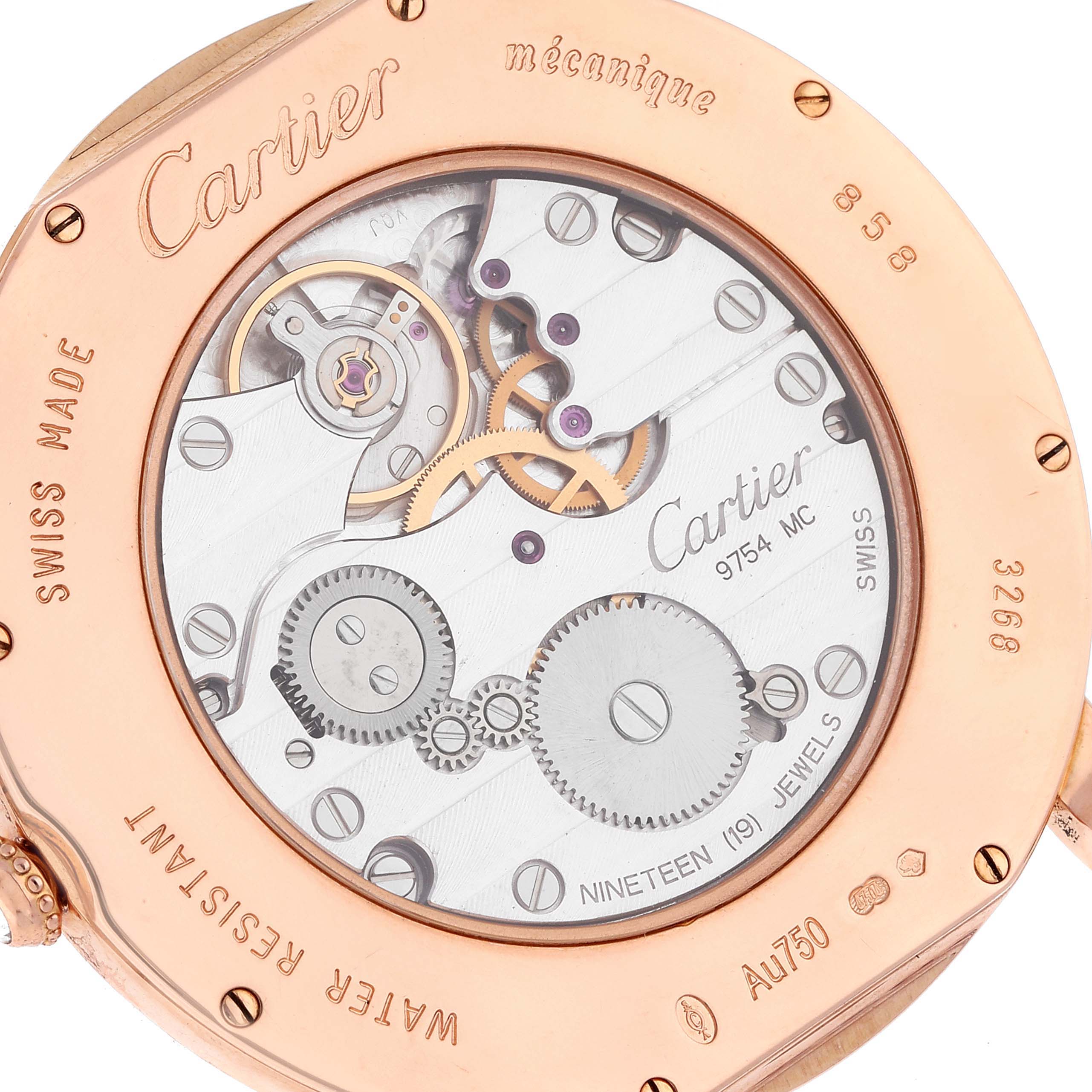This image shows the back view of the Cartier Ronde WR007001 Men
s Rose Gold Silver Dial WR007001 Men
s Rose Gold Silver Dial watch, highlighting its mechanical movement and internal components.