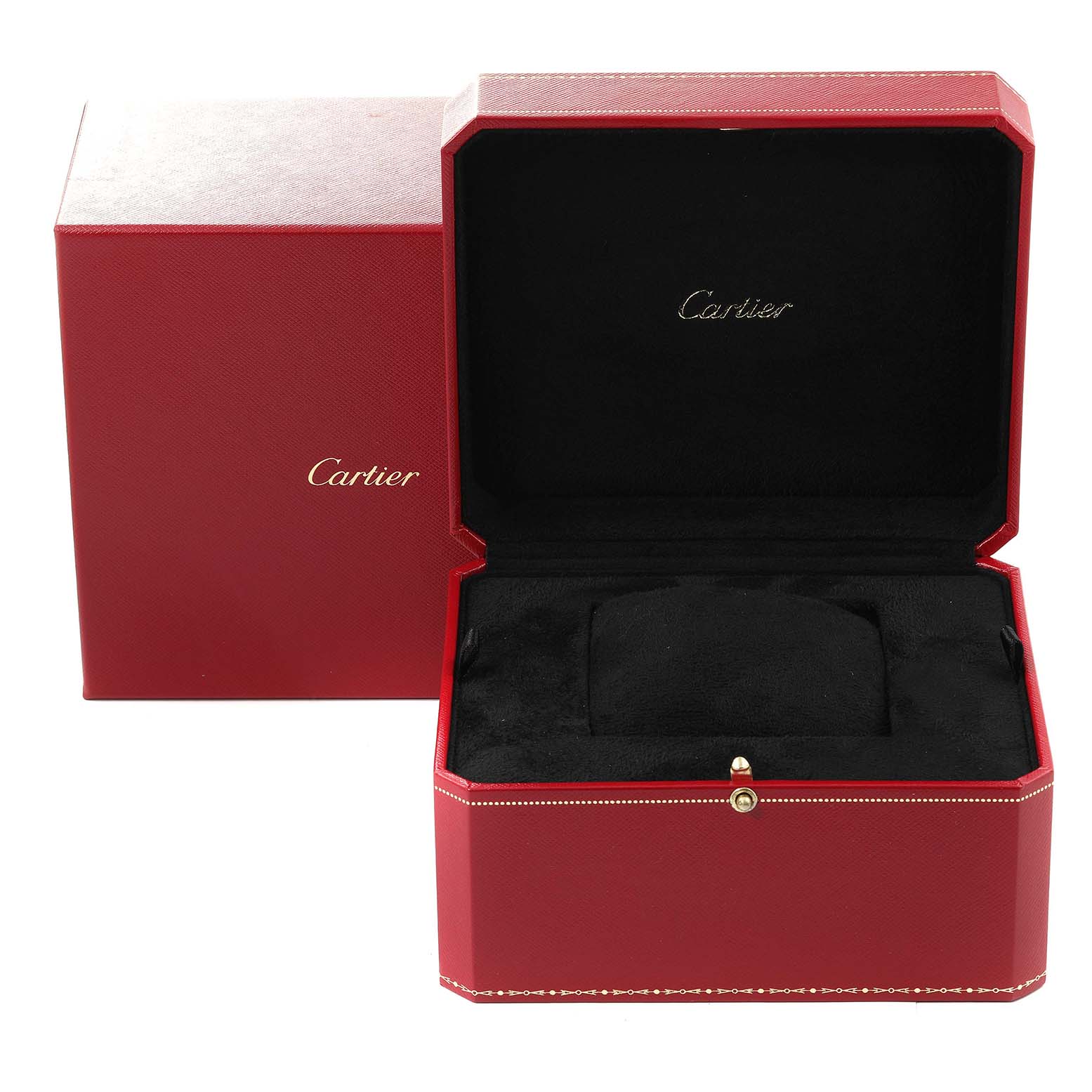 The image shows an open red Cartier box, presumably for the Ronde model watch, with both the lid and inner compartment visible.