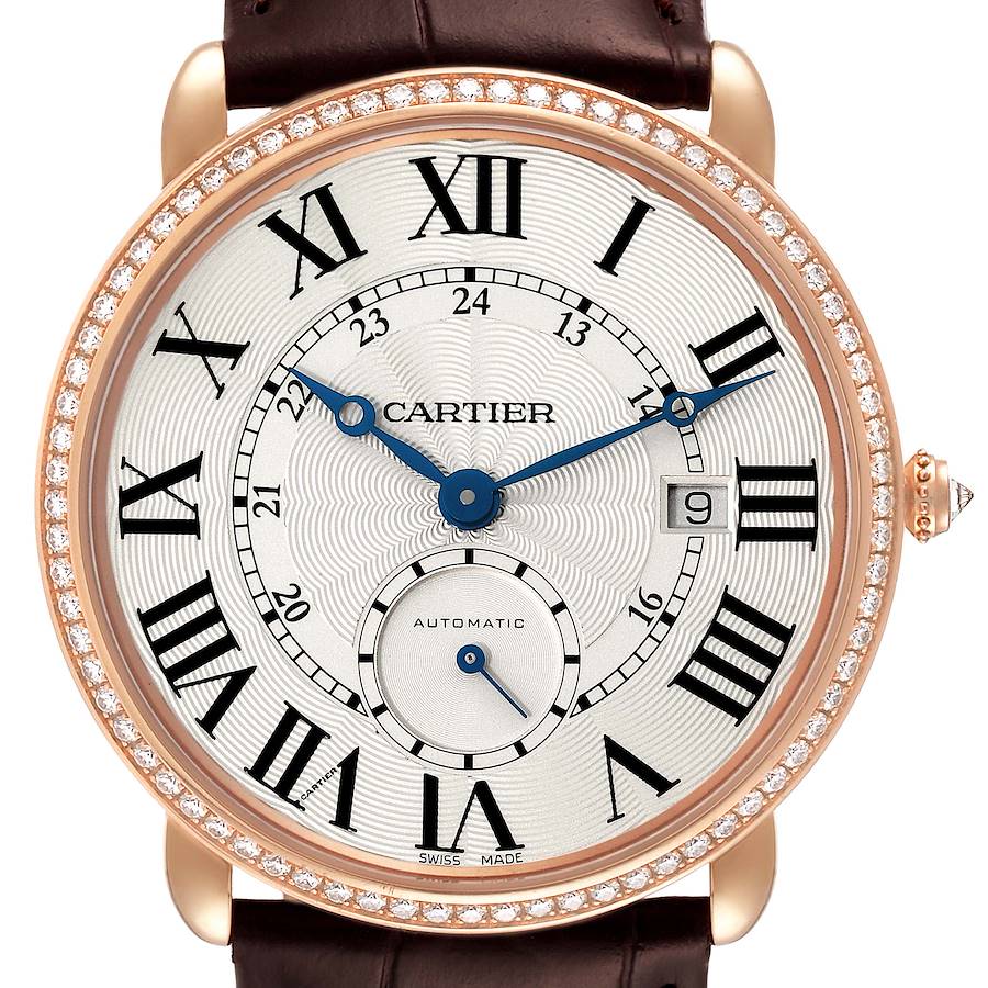 Cartier Ronde Louis Rose Gold Diamond Bezel Silver Dial Mens Watch WR007017 SwissWatchExpo