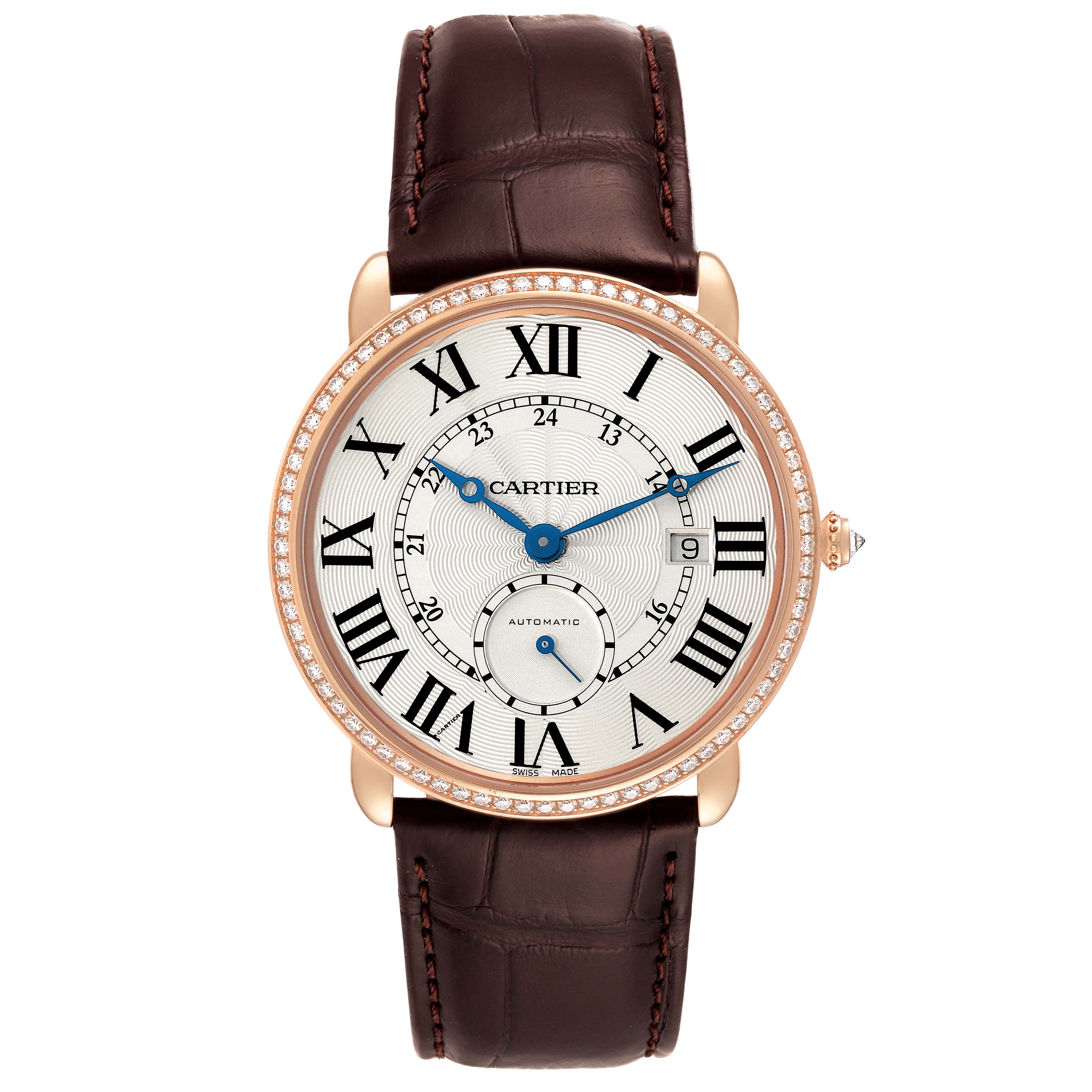 The Cartier Ronde WR007017 Men's Rose Gold Silver Dial watch is shown from a front angle, featuring its dial, bezel, strap, and crown.