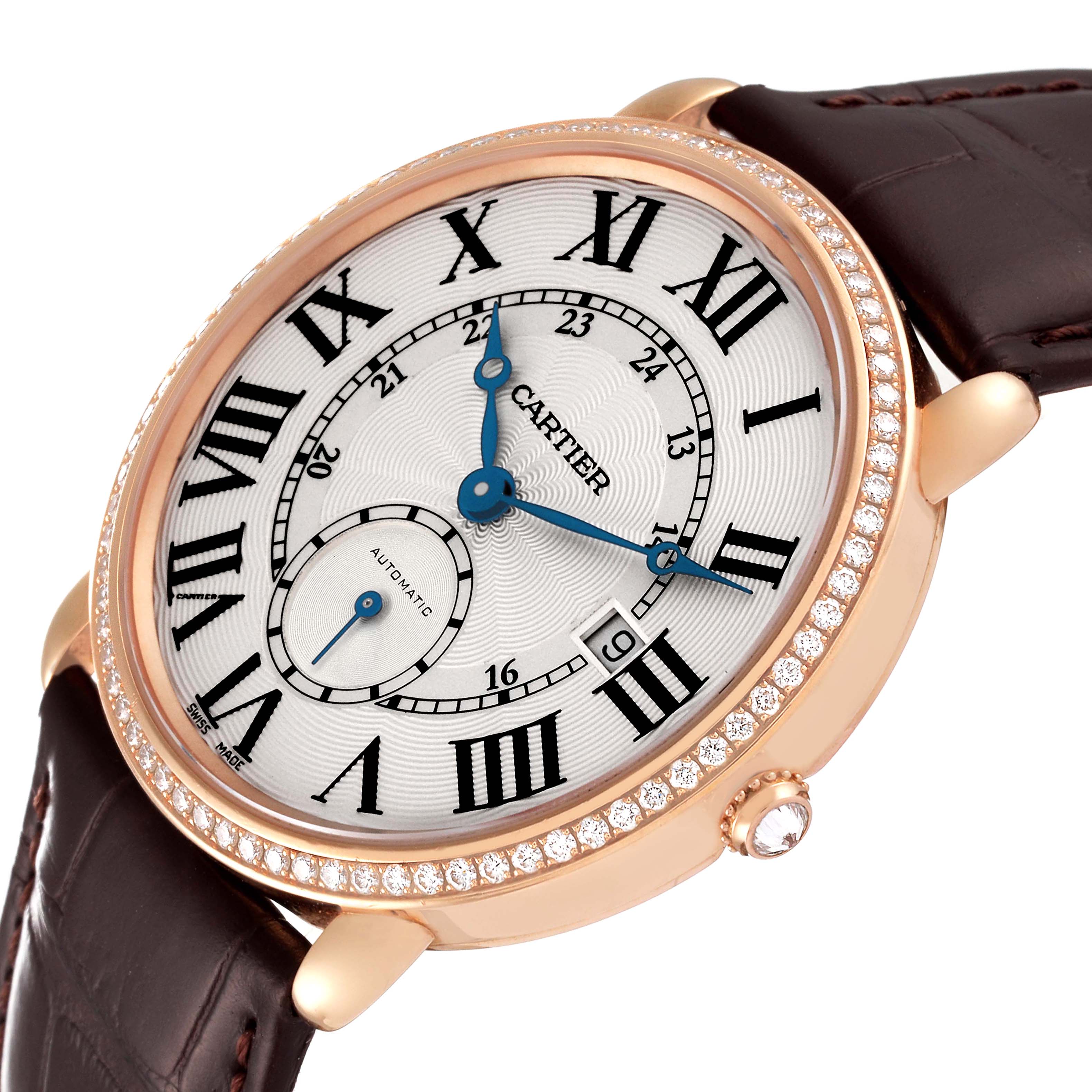 The Cartier Ronde WR007017 Men's Rose Gold Silver Dial watch is shown at an angled close-up, highlighting its diamond bezel, Roman numeral dial, and leather strap.