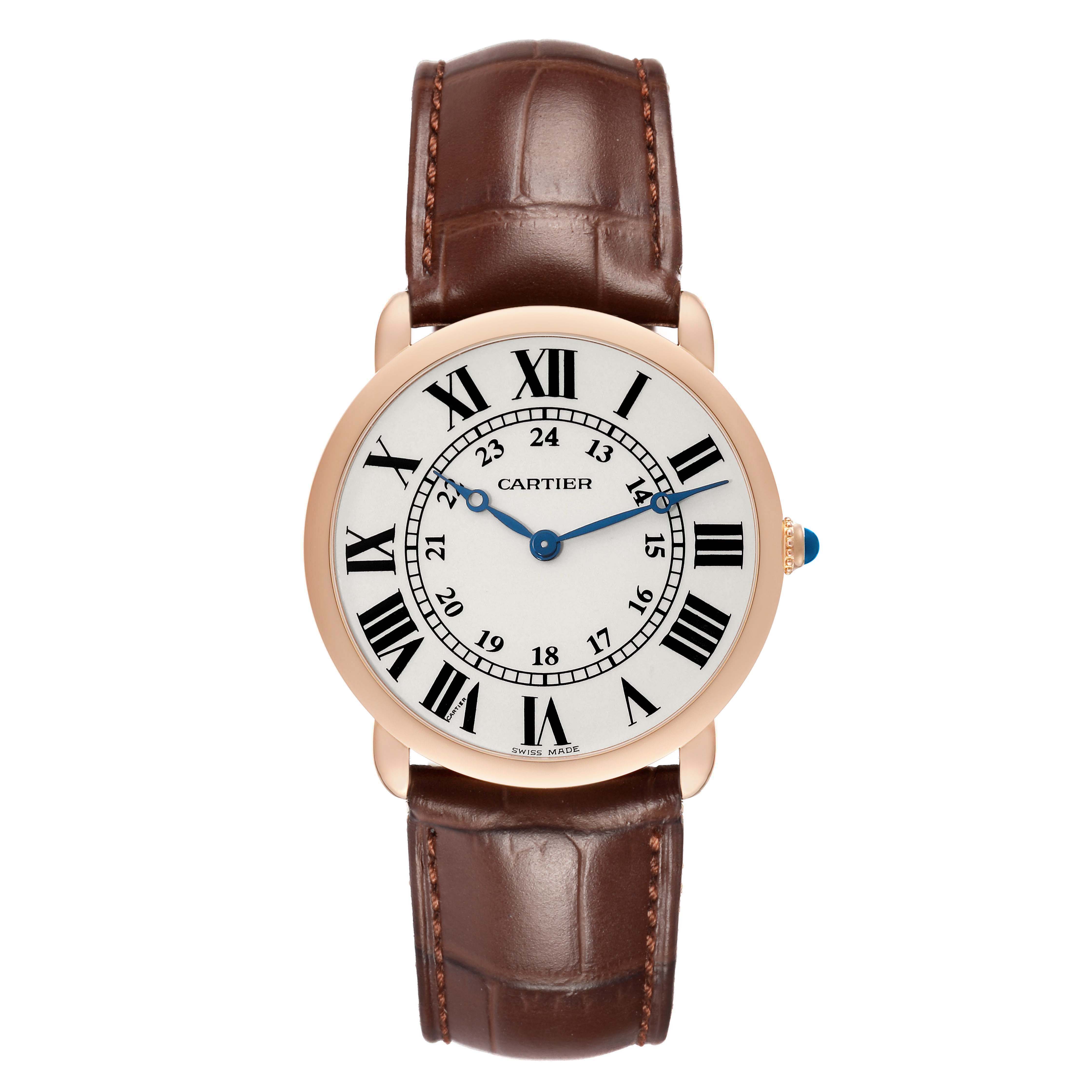 The Cartier Ronde W6800251 Men's Rose Gold Silver Dial model watch is shown from a front view, displaying the dial, hour markers, hands, and leather strap.