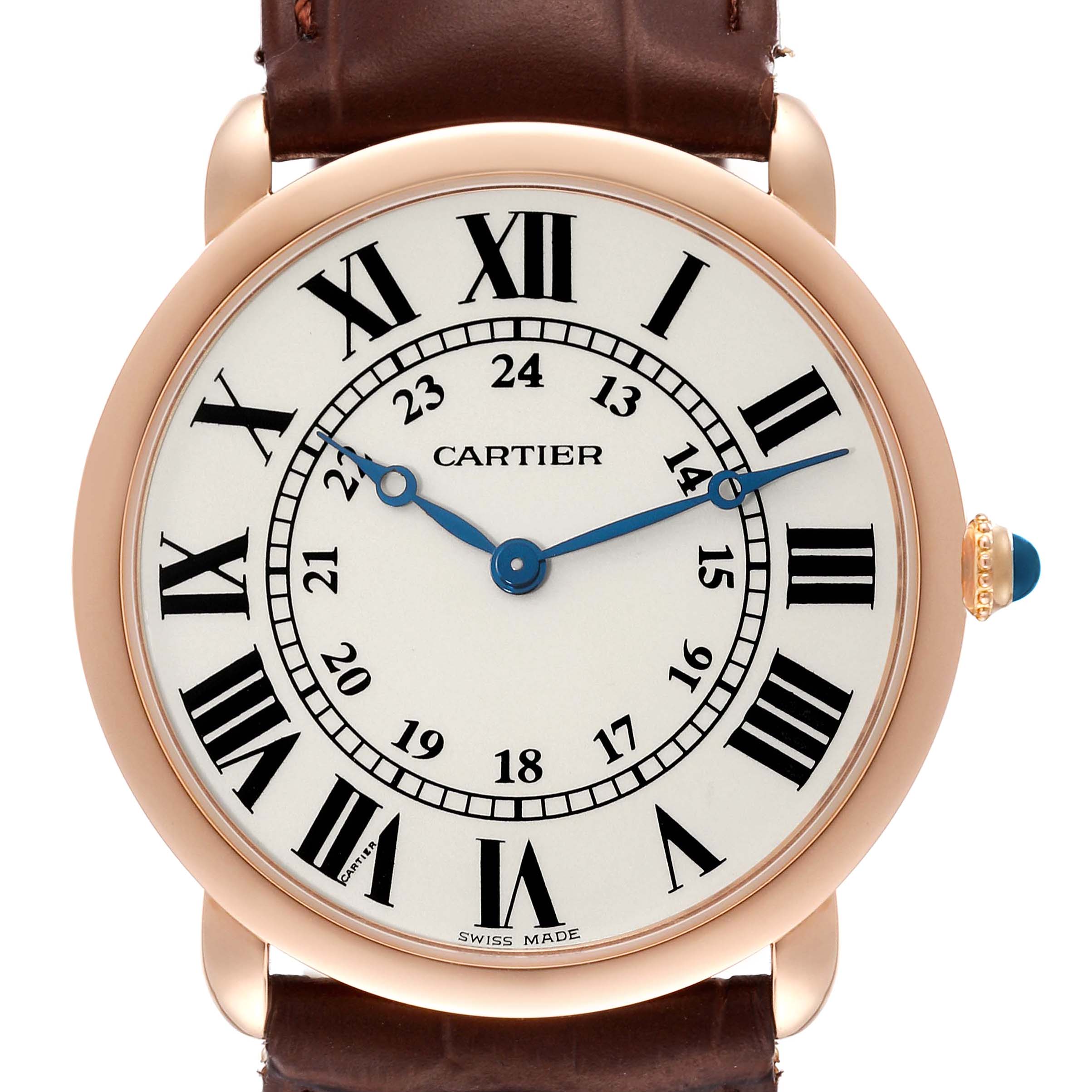 The Cartier Ronde W6800251 Men's Rose Gold Silver Dial watch is shown from the front, displaying the dial with Roman numerals, blue hands, and the crown with a blue gem.