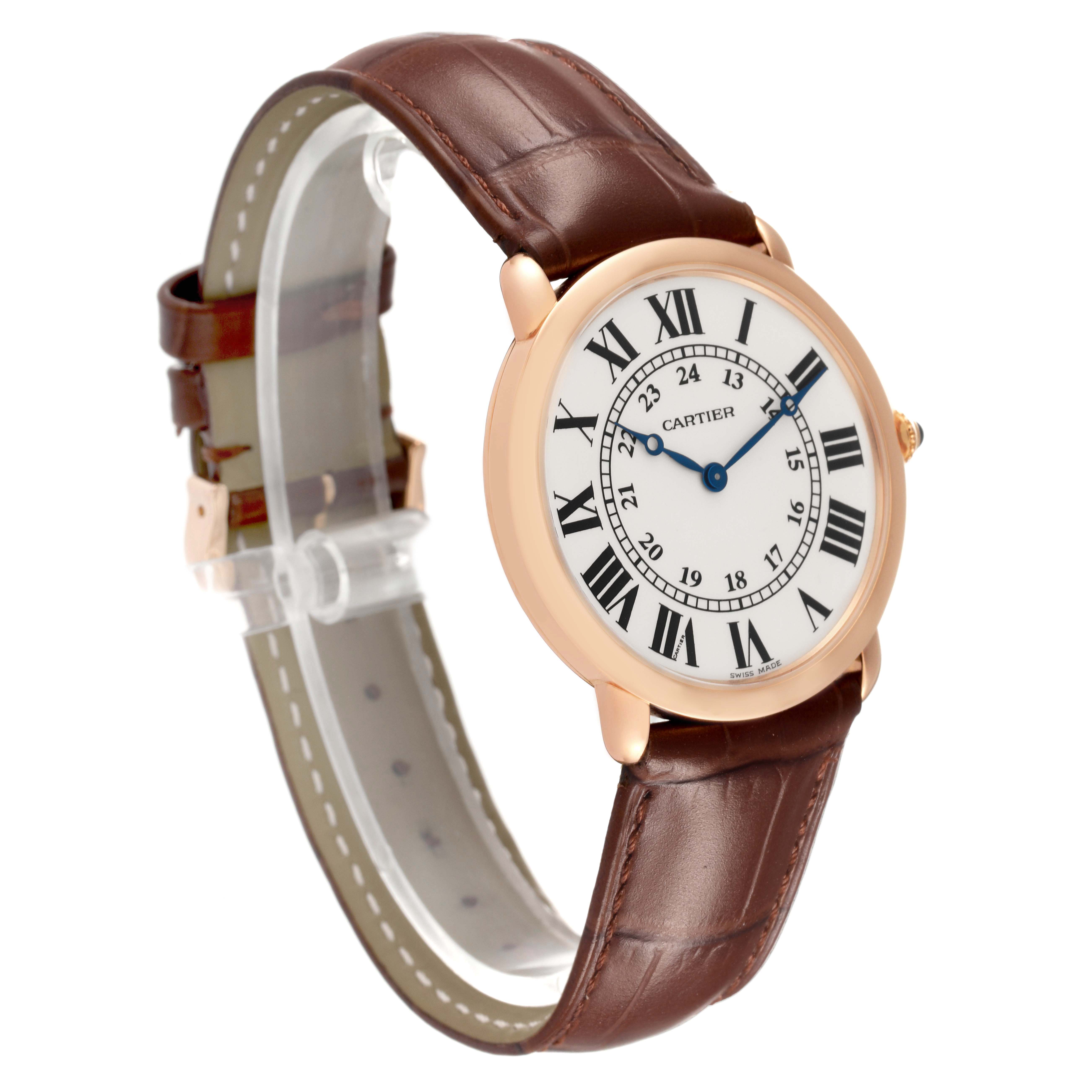 The Cartier Ronde W6800251 Men's Rose Gold Silver Dial watch is shown in a three-quarter angle, displaying the face, bezel, and leather strap.