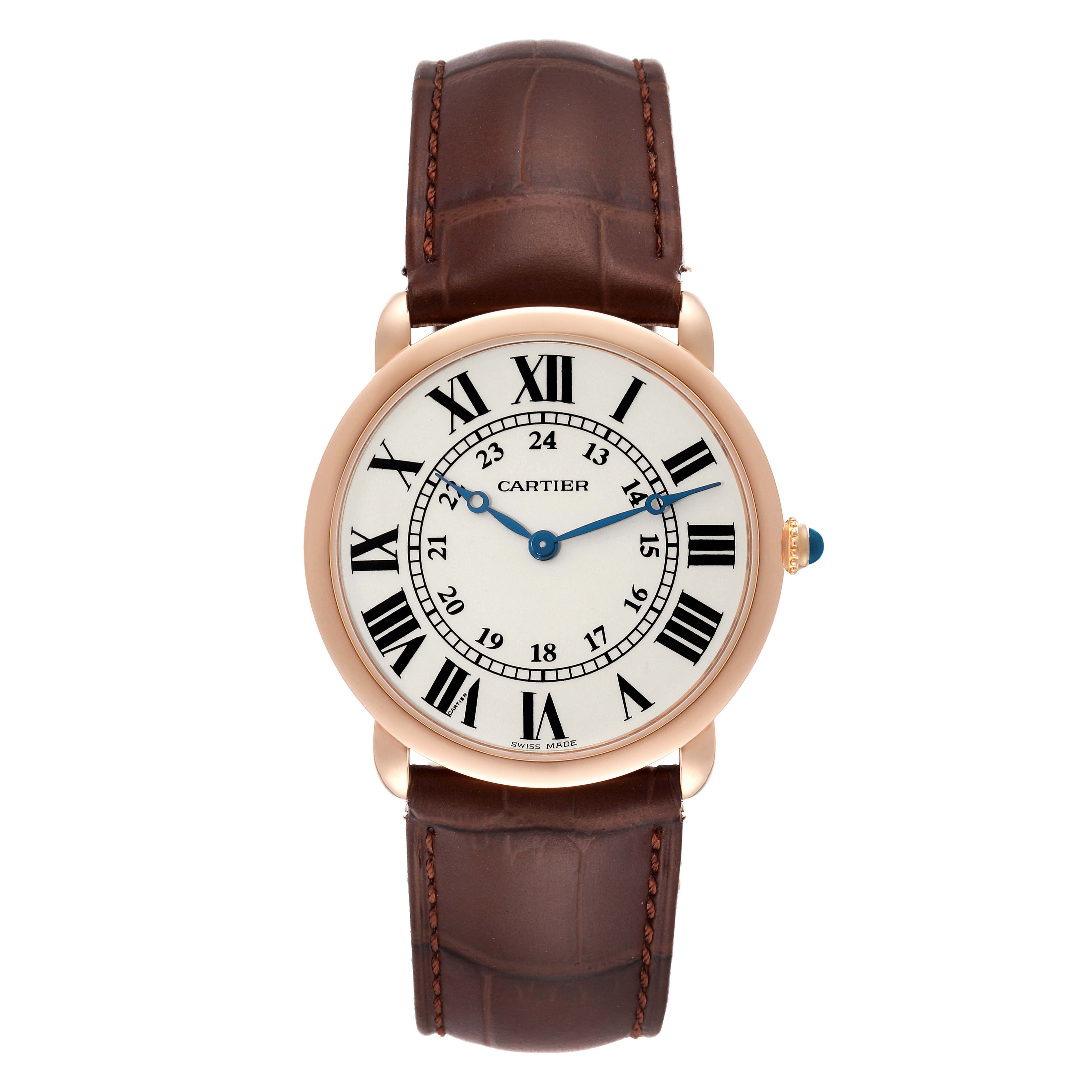 The Cartier Ronde W6800251 Men's Rose Gold Silver Dial watch is shown from a top view, displaying the face, Roman numerals, hands, and leather strap.