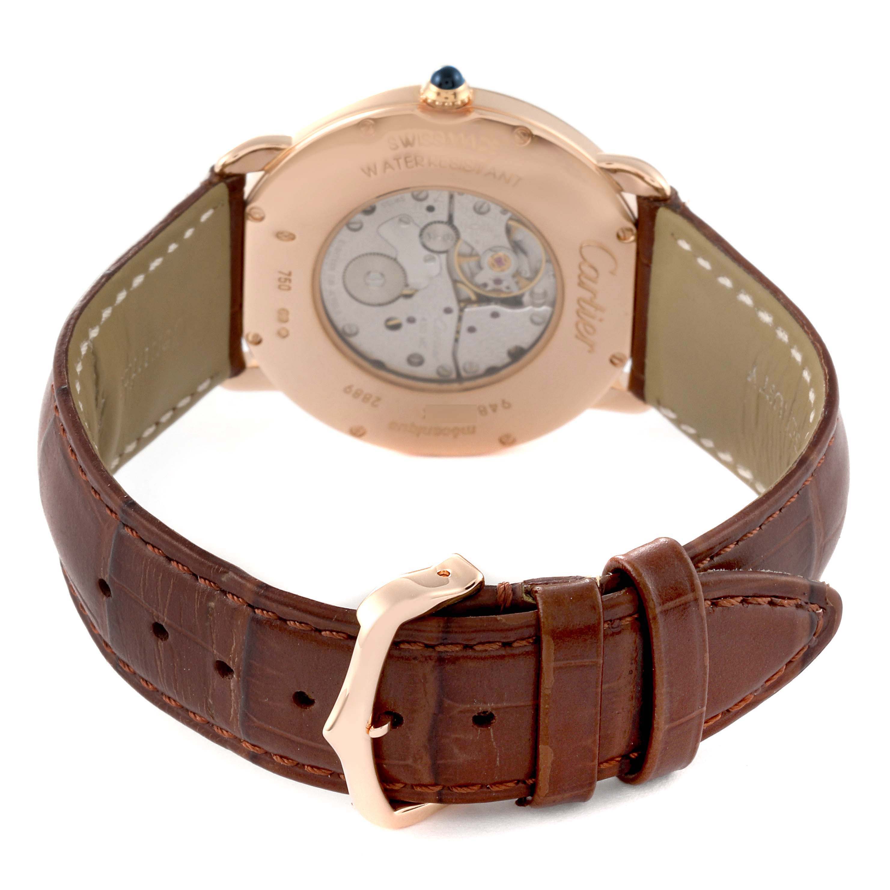 This image shows the back view of the Cartier Ronde W6800251 Men's Rose Gold Silver Dial W6800251 Men's Rose Gold Silver Dial model watch, highlighting the leather strap and mechanical movement.