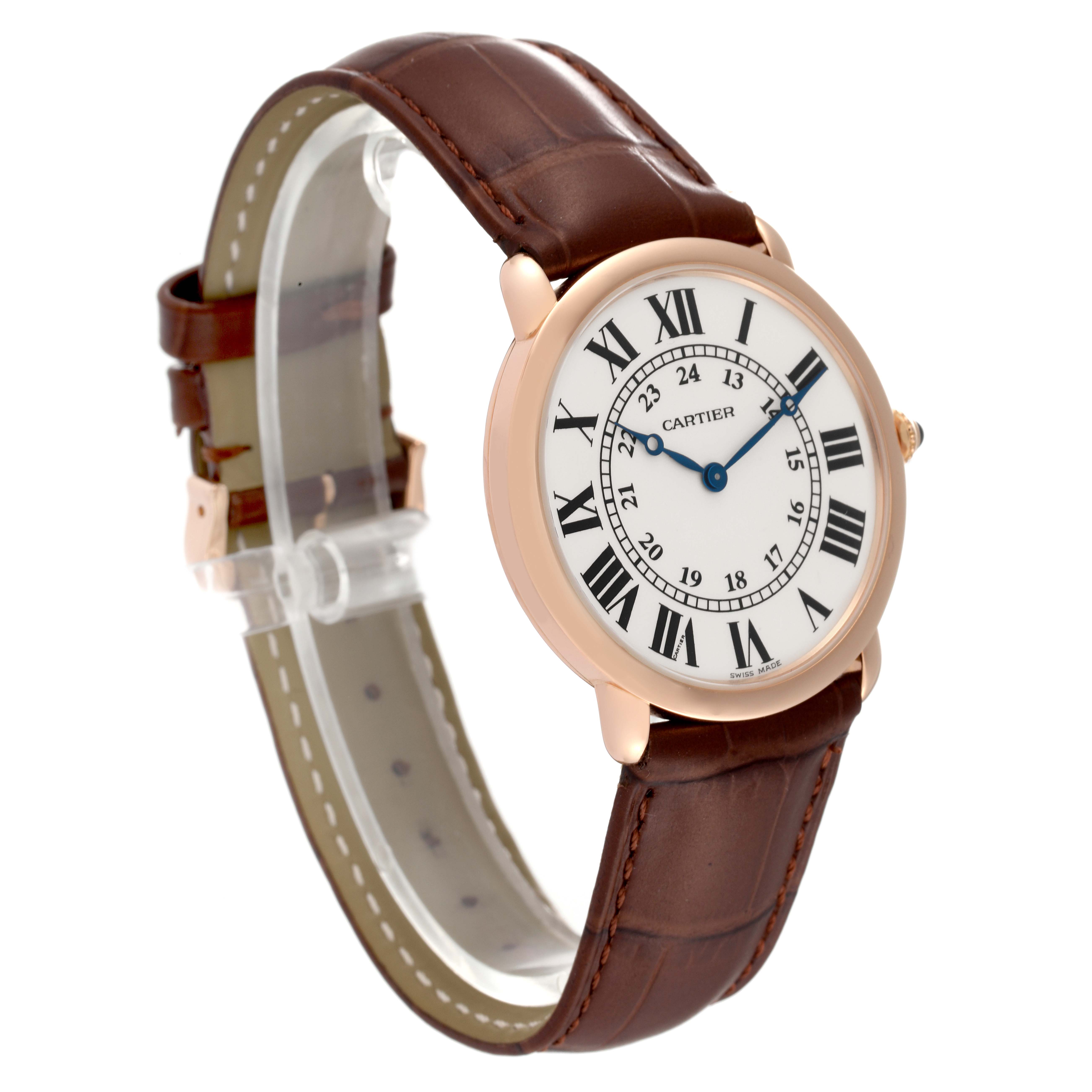 The image shows a Cartier Ronde W6800251 Men's Rose Gold Silver Dial W6800251 Men's Rose Gold Silver Dial watch from a front-side angle, displaying its face, strap, and buckle.