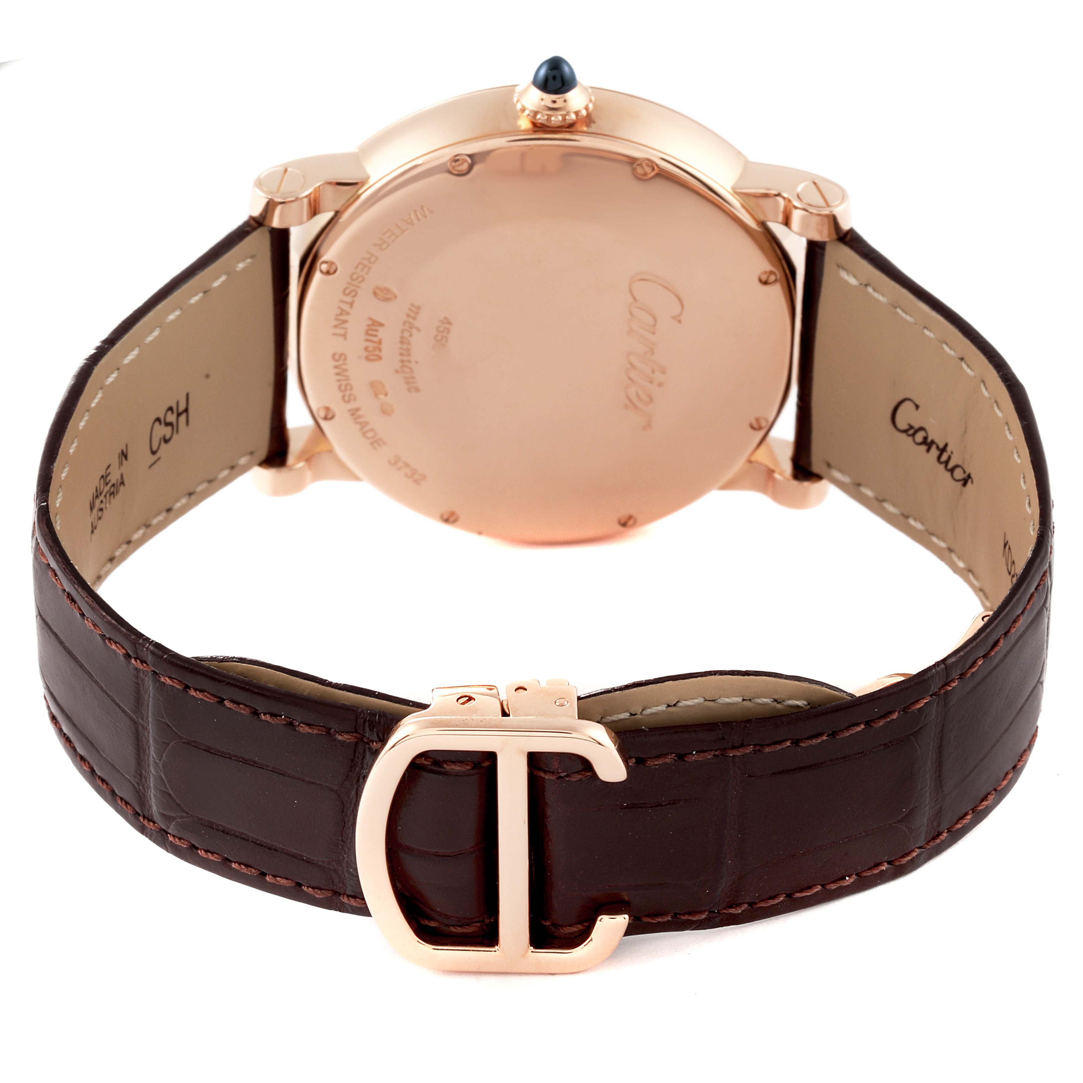 This image shows the back case and strap of the Rotonde model by Cartier, including the buckle and crown.