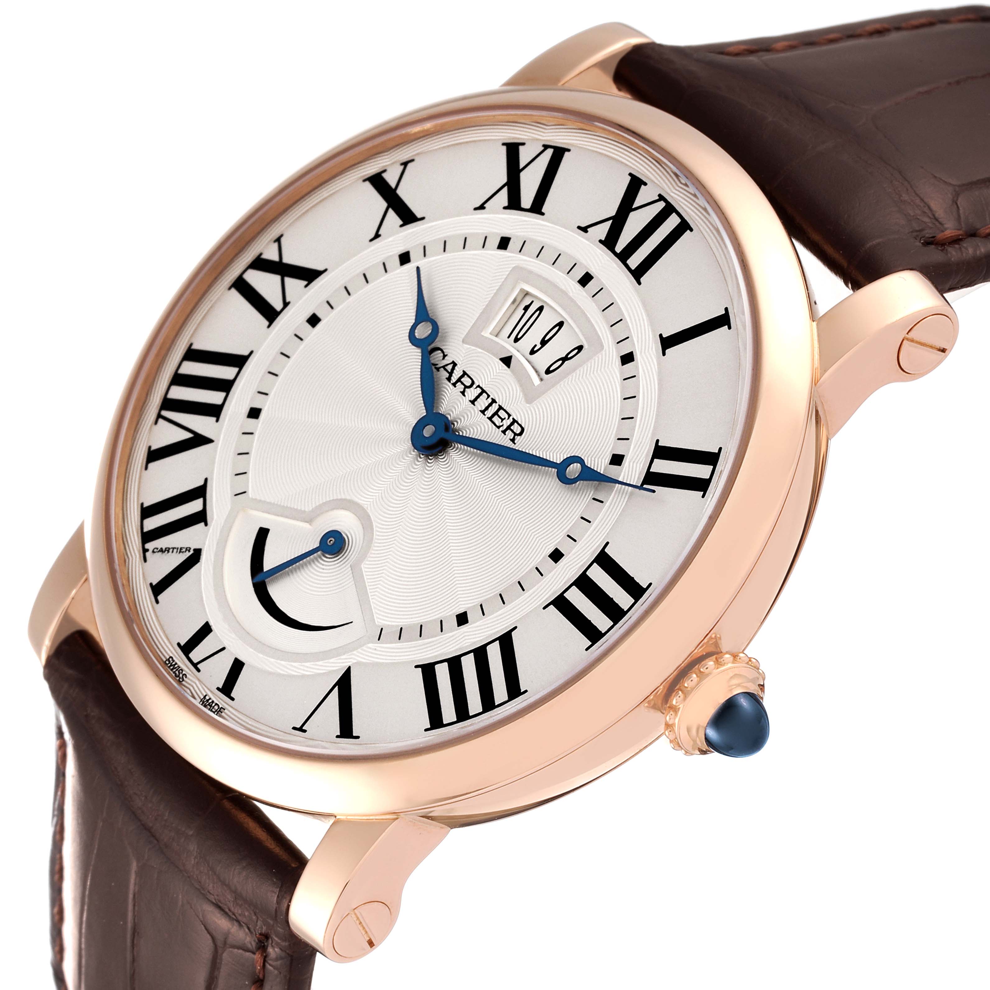 The image shows a Cartier Rotonde W1556252 Men's Rose Gold Silver Dial W1556252 Men's Rose Gold Silver Dial watch at an oblique angle, highlighting the dial, case, crown, and strap.