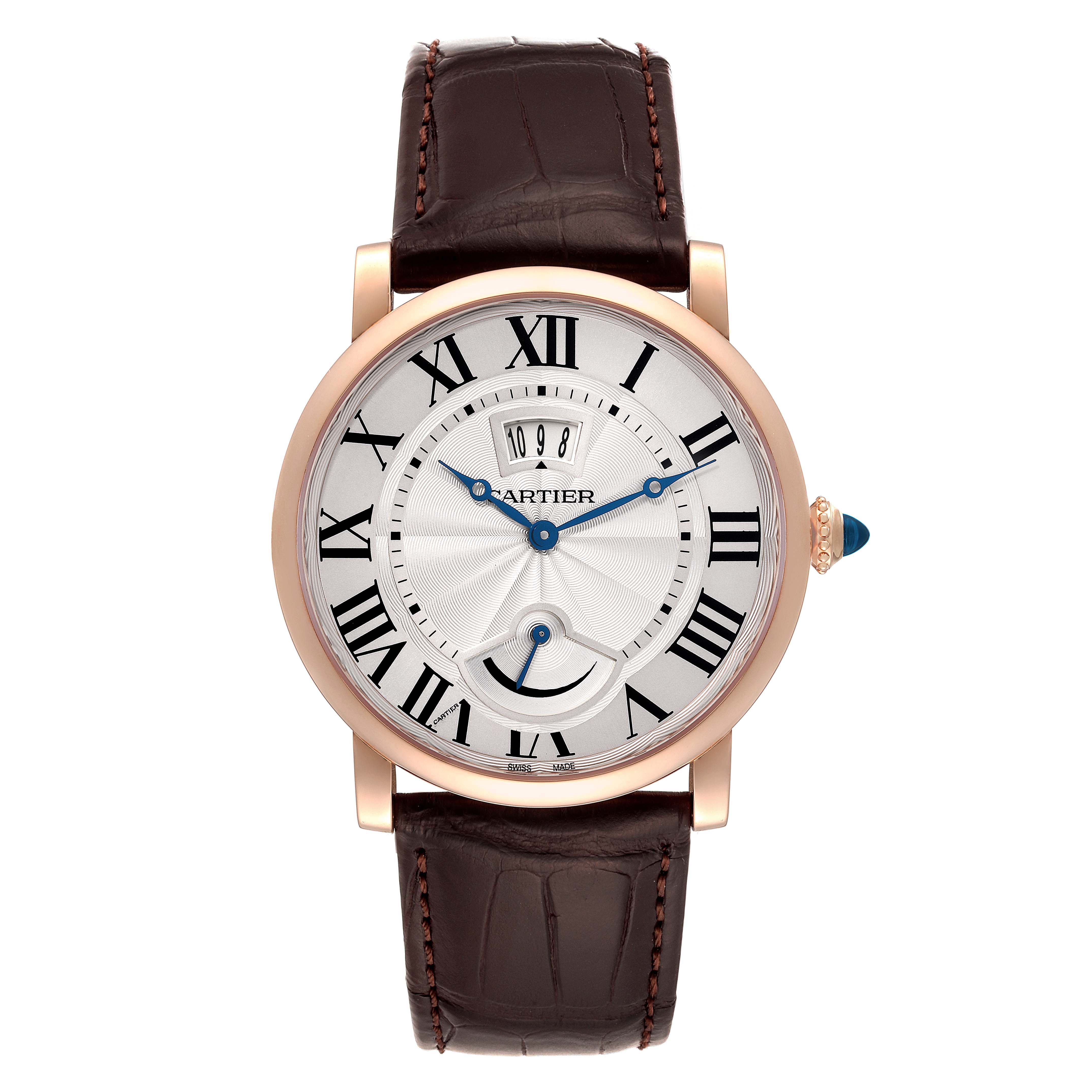 The image shows a front view of a Cartier Rotonde W1556252 Men's Rose Gold Silver Dial W1556252 Men's Rose Gold Silver Dial watch with a brown leather strap and a silver dial with Roman numerals.