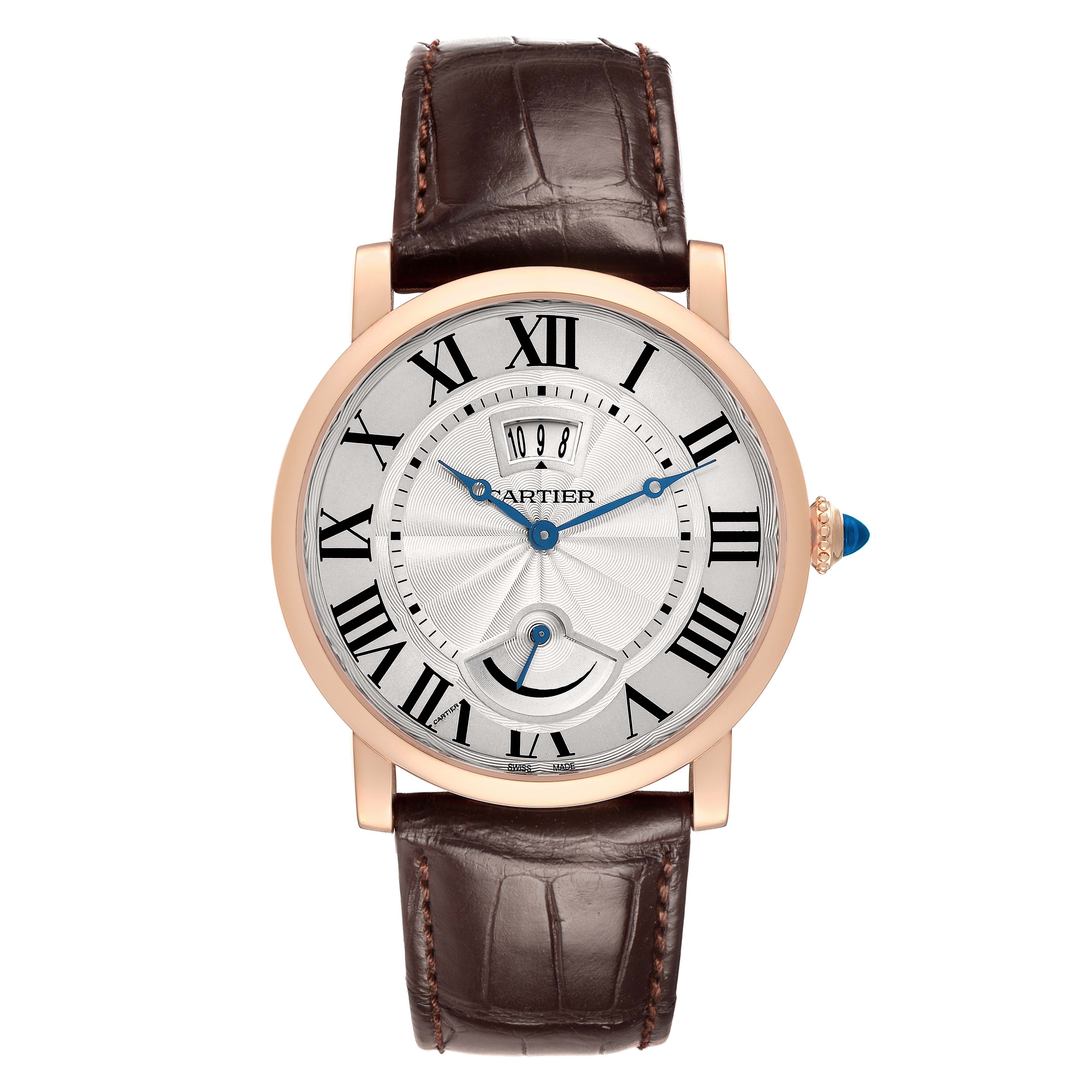 The Cartier Rotonde W1556252 Men's Rose Gold Silver Dial watch is shown from a front view, displaying its dial, Roman numerals, hands, and leather strap.