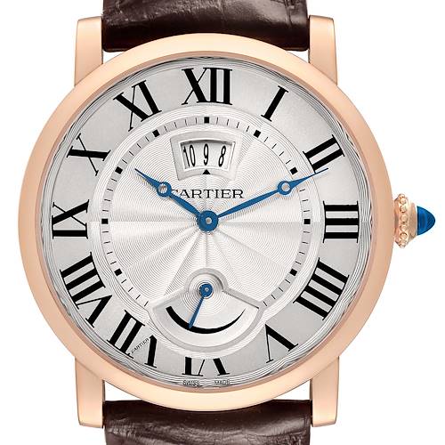 The Cartier Rotonde W1556252 Men's Rose Gold Silver Dial watch is shown from the front, displaying its face, Roman numerals, hands, and date window.