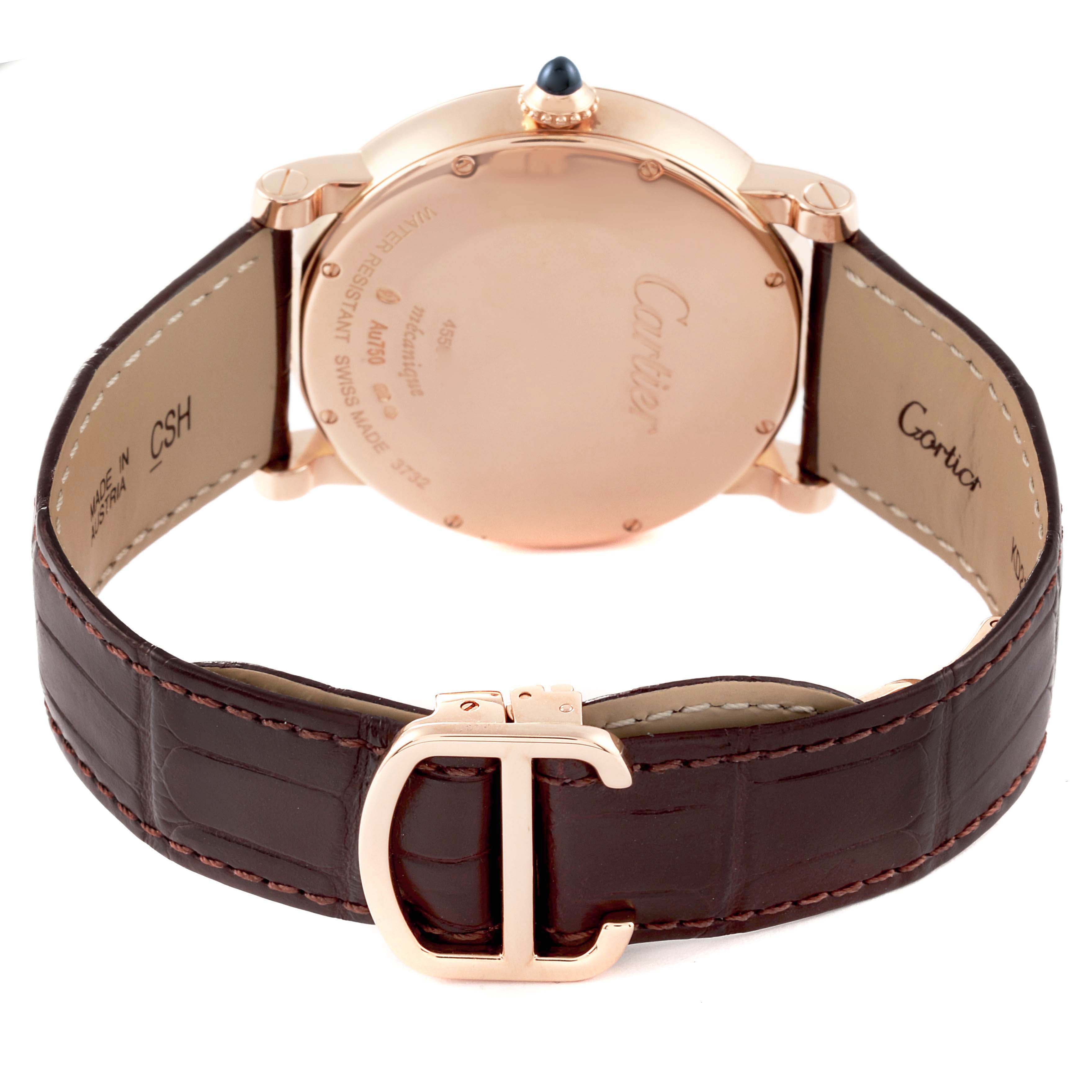 The image shows the back view of a Cartier Rotonde W1556252 Men's Rose Gold Silver Dial watch, highlighting the case back and leather strap with a buckle.