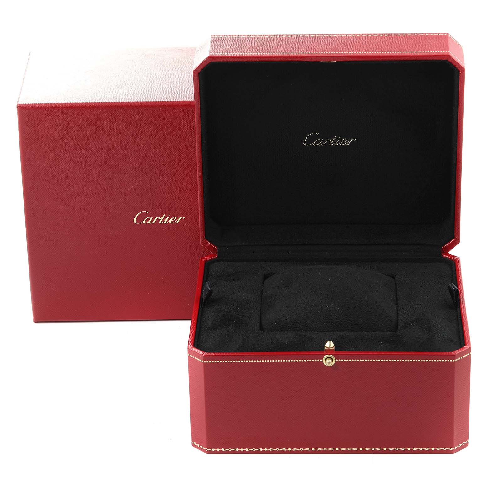 The image shows an open red Cartier box designed for the Tank Divan model watch.