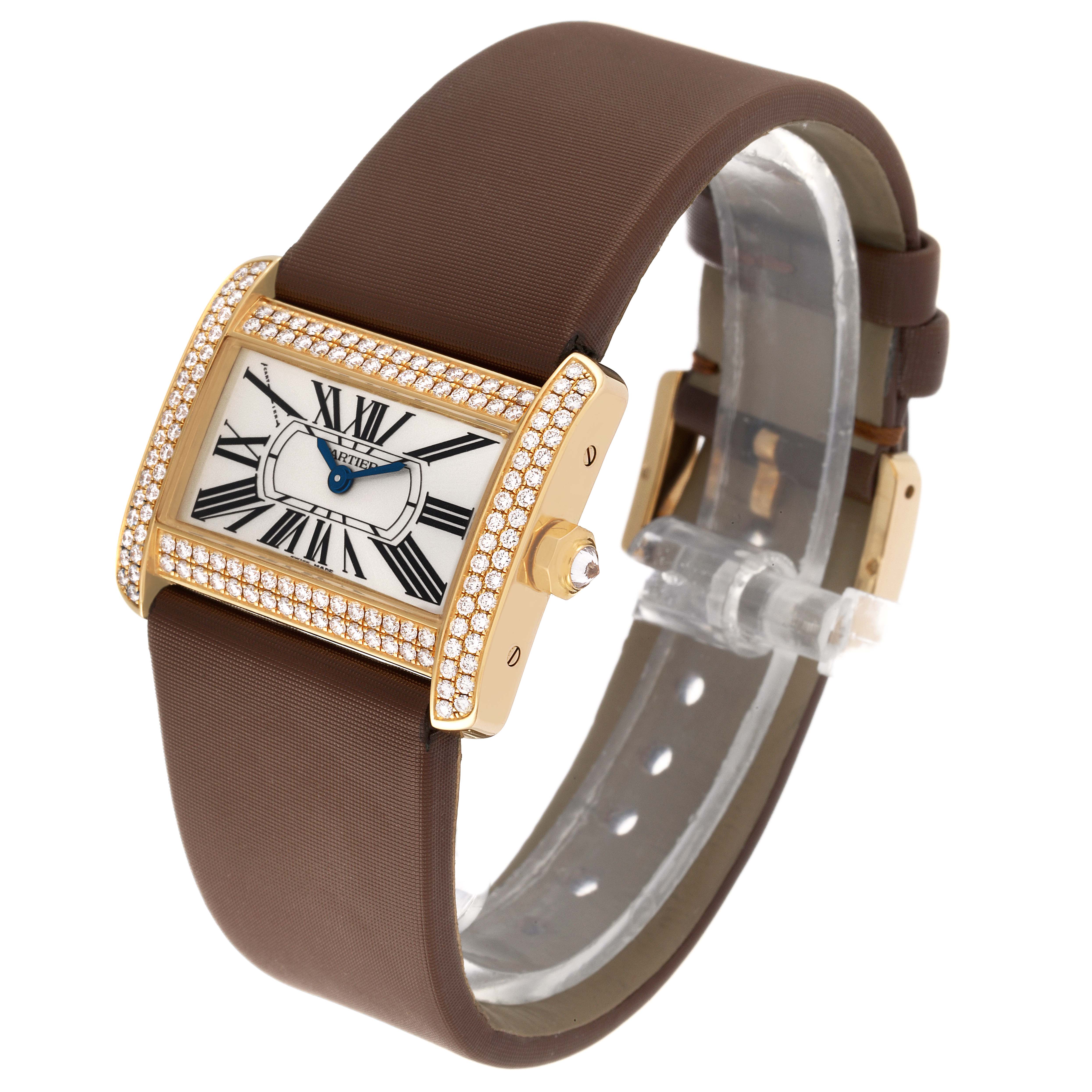 The image shows a Cartier Tank Divan WA301071 Women
s Yellow Gold Silver Dial WA301071 Women
s Yellow Gold Silver Dial watch at a slight angle, highlighting the face, brown strap, and diamond-encrusted bezel.
