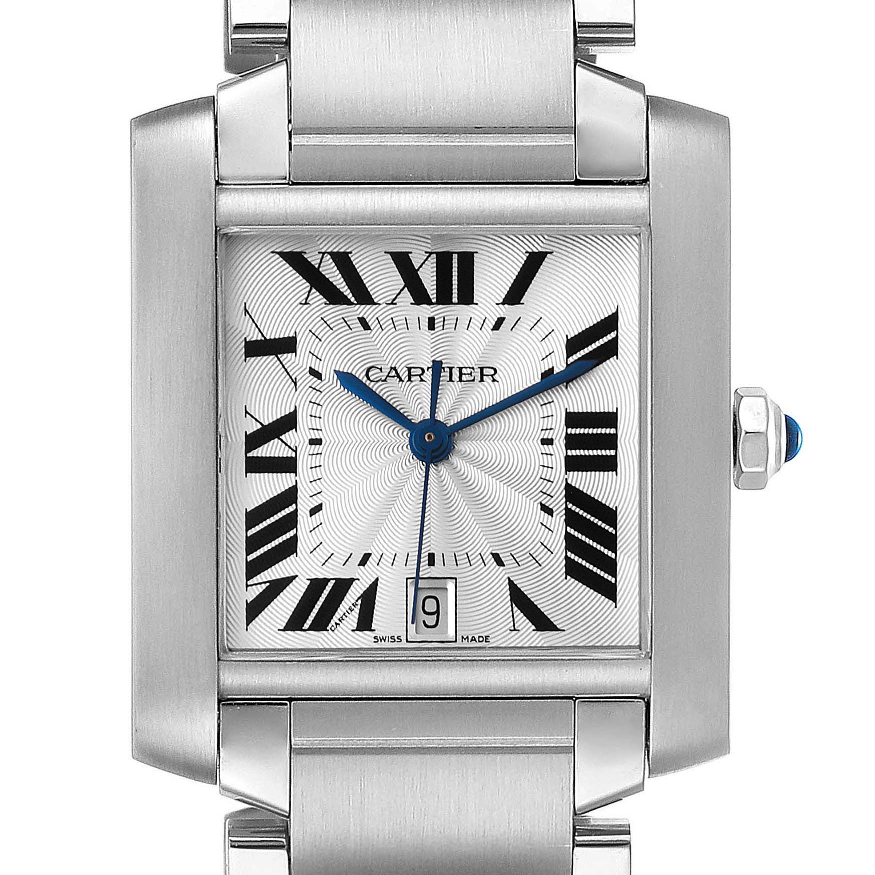 This image shows a close-up of the Cartier Tank Francaise W51002Q3 Men's Stainless Steel Silver Dial W51002Q3 Men's Stainless Steel Silver Dial watch, highlighting its face, blue hands, Roman numerals, and date window.