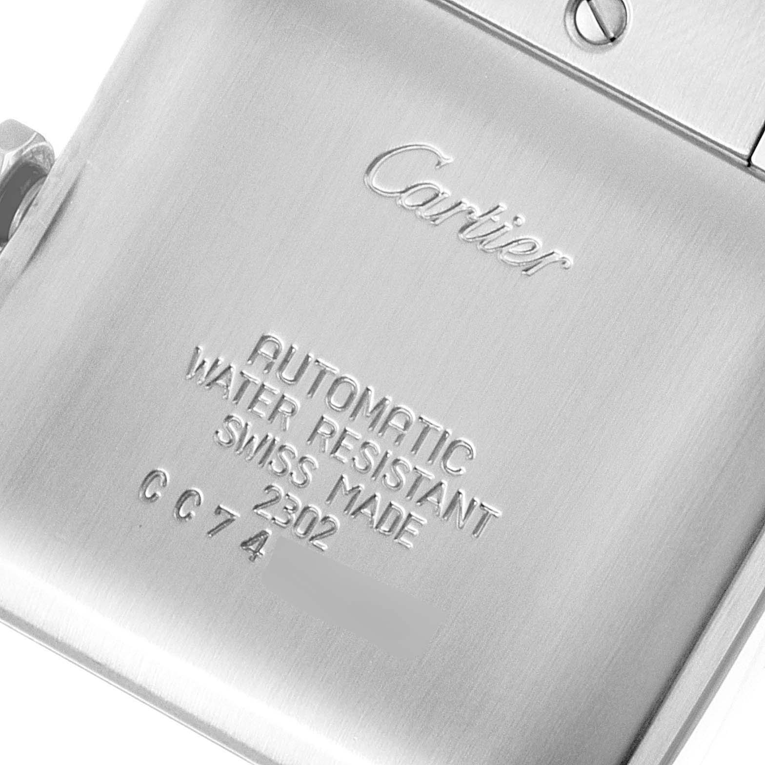 The image shows the back case of the Cartier Tank Française watch, highlighting the brand name and specifications.