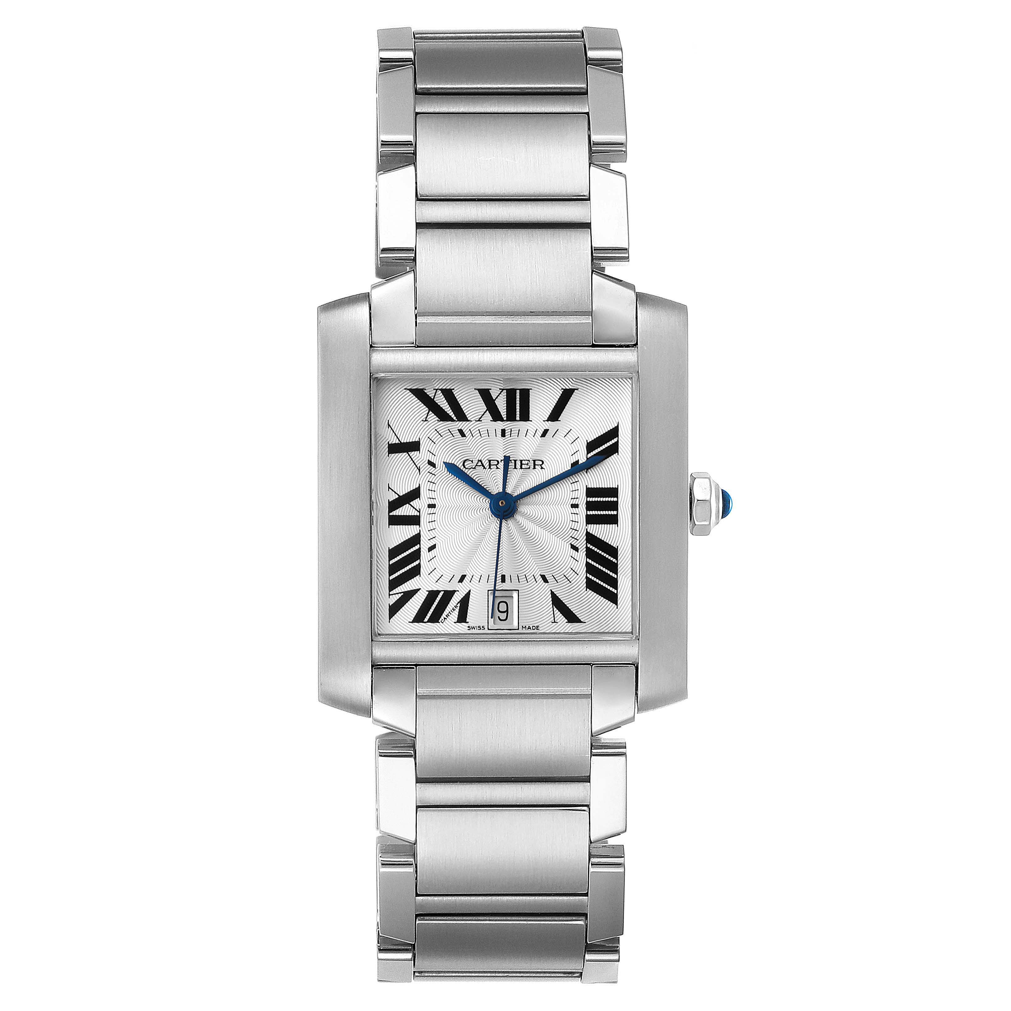The image shows a front view of the Cartier Tank Française watch, displaying the face, bracelet, and crown.