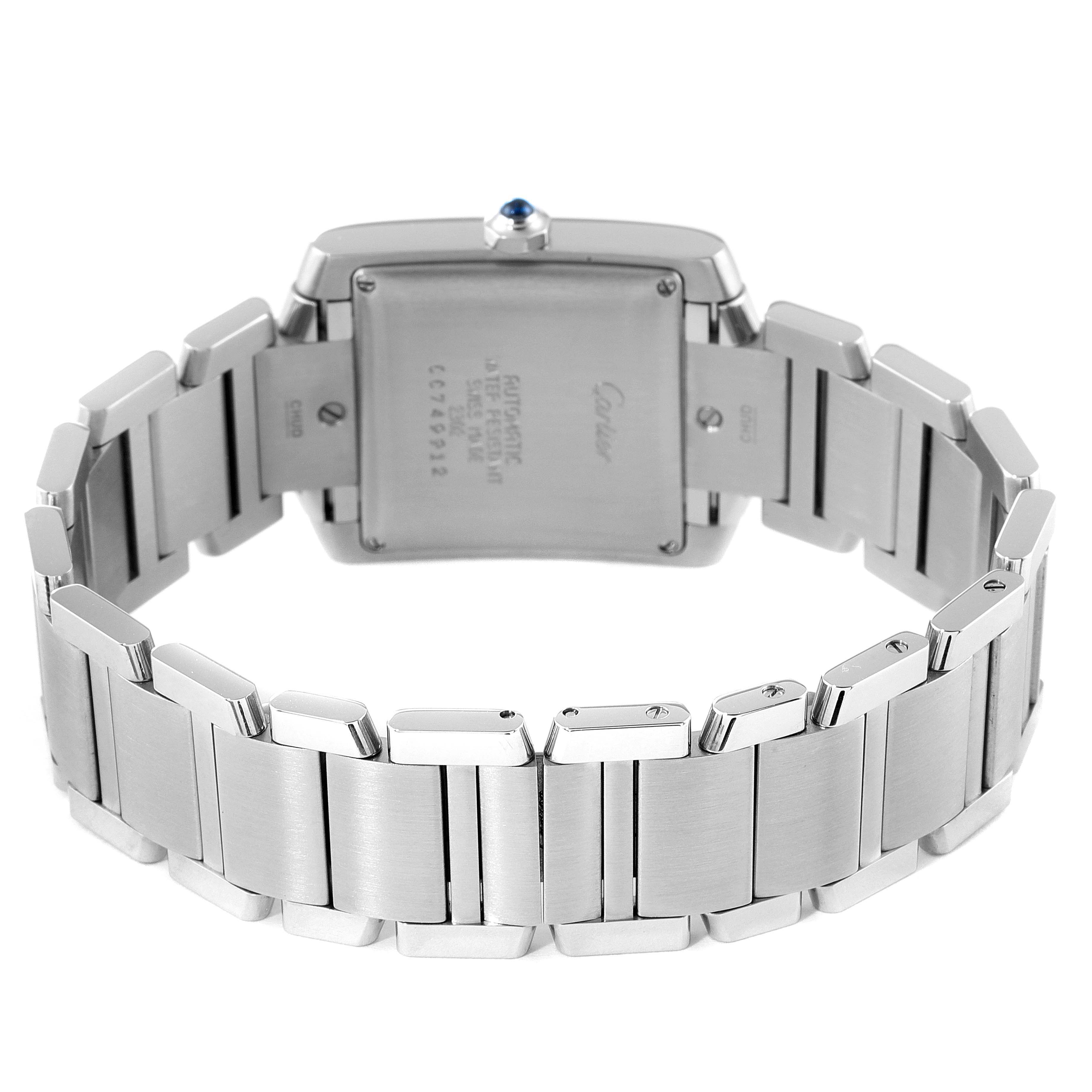 The image shows the back view of the Cartier Tank Francaise W51002Q3 Men's Stainless Steel Silver Dial W51002Q3 Men's Stainless Steel Silver Dial watch, highlighting the stainless steel bracelet and case back.
