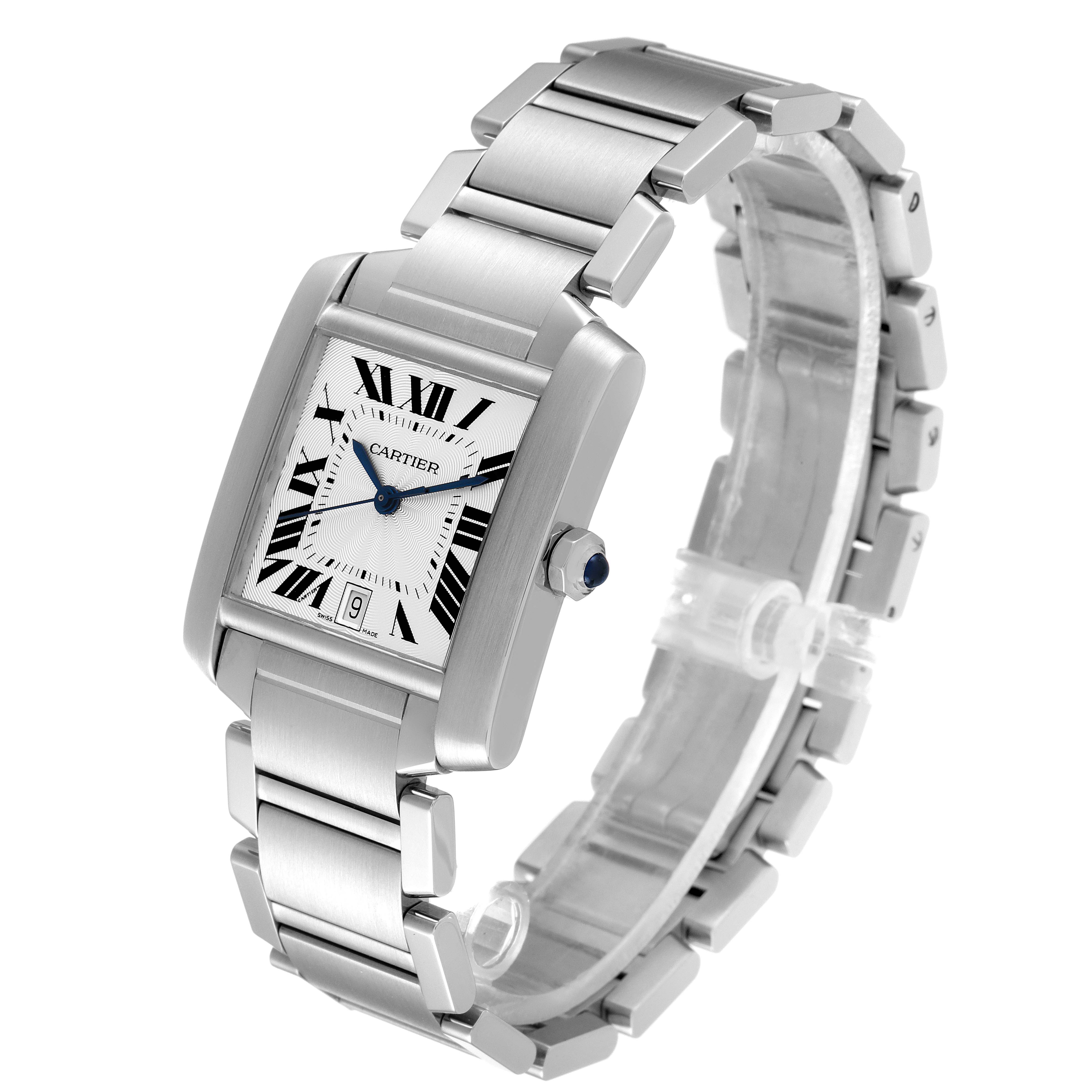 The image shows a Cartier Tank Française watch at a three-quarter angle, highlighting its face, bracelet, and crown.