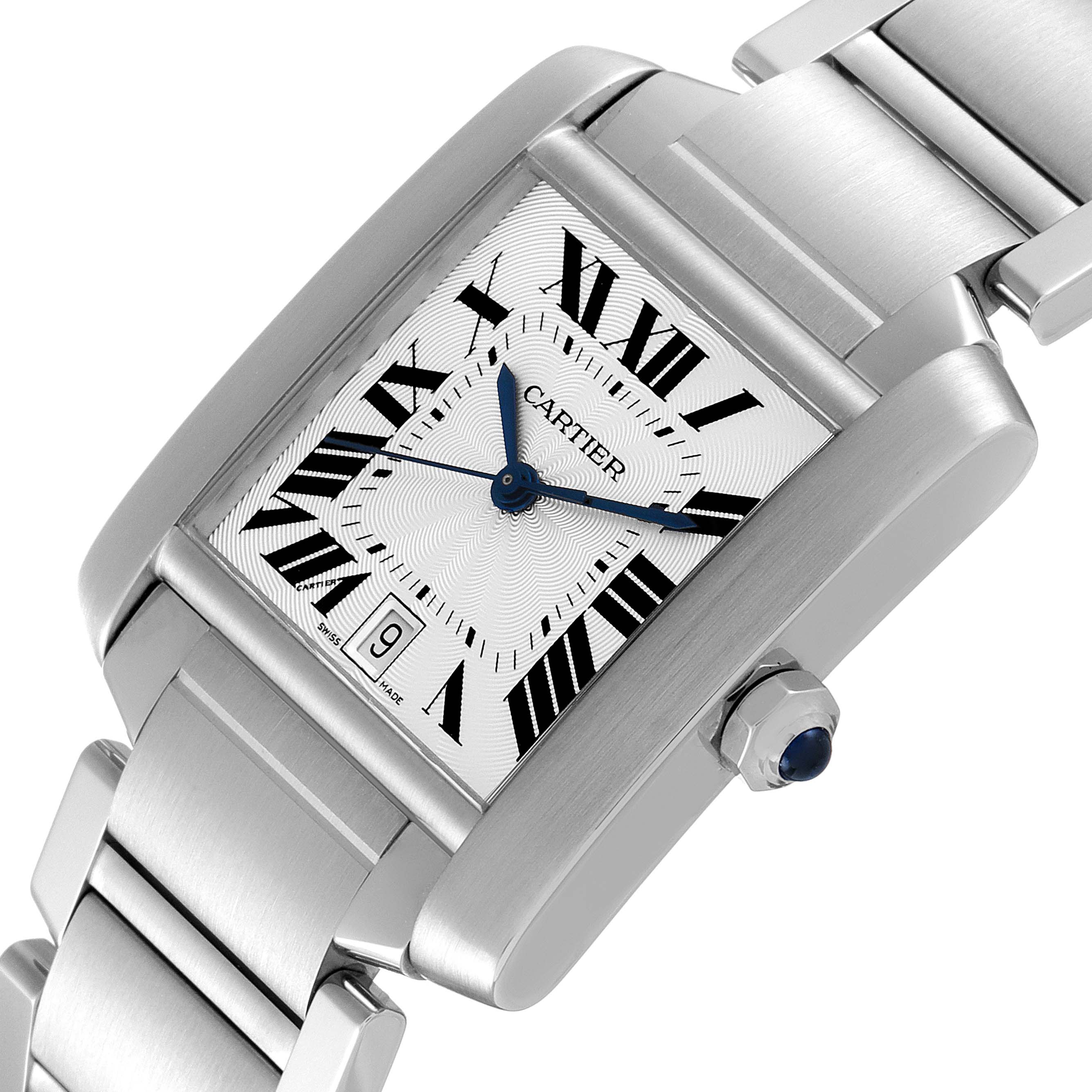 This image shows a close-up view of the Cartier Tank Francaise W51002Q3 Men's Stainless Steel Silver Dial W51002Q3 Men's Stainless Steel Silver Dial watch face, case, and bracelet.