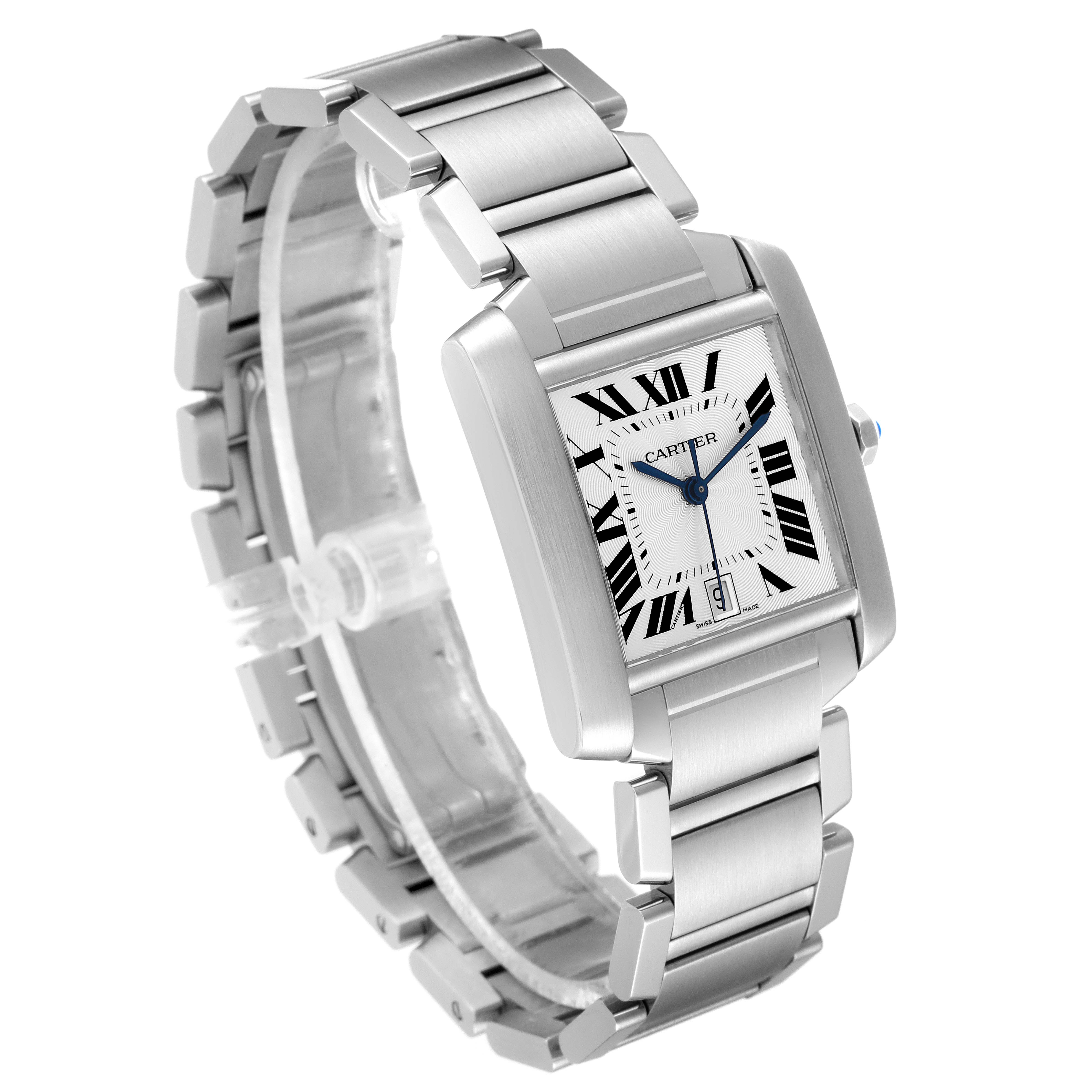 The Cartier Tank Francaise W51002Q3 Men's Stainless Steel Silver Dial W51002Q3 Men's Stainless Steel Silver Dial watch is shown at a slight angled view, highlighting its rectangular face, Roman numerals, and metallic band.