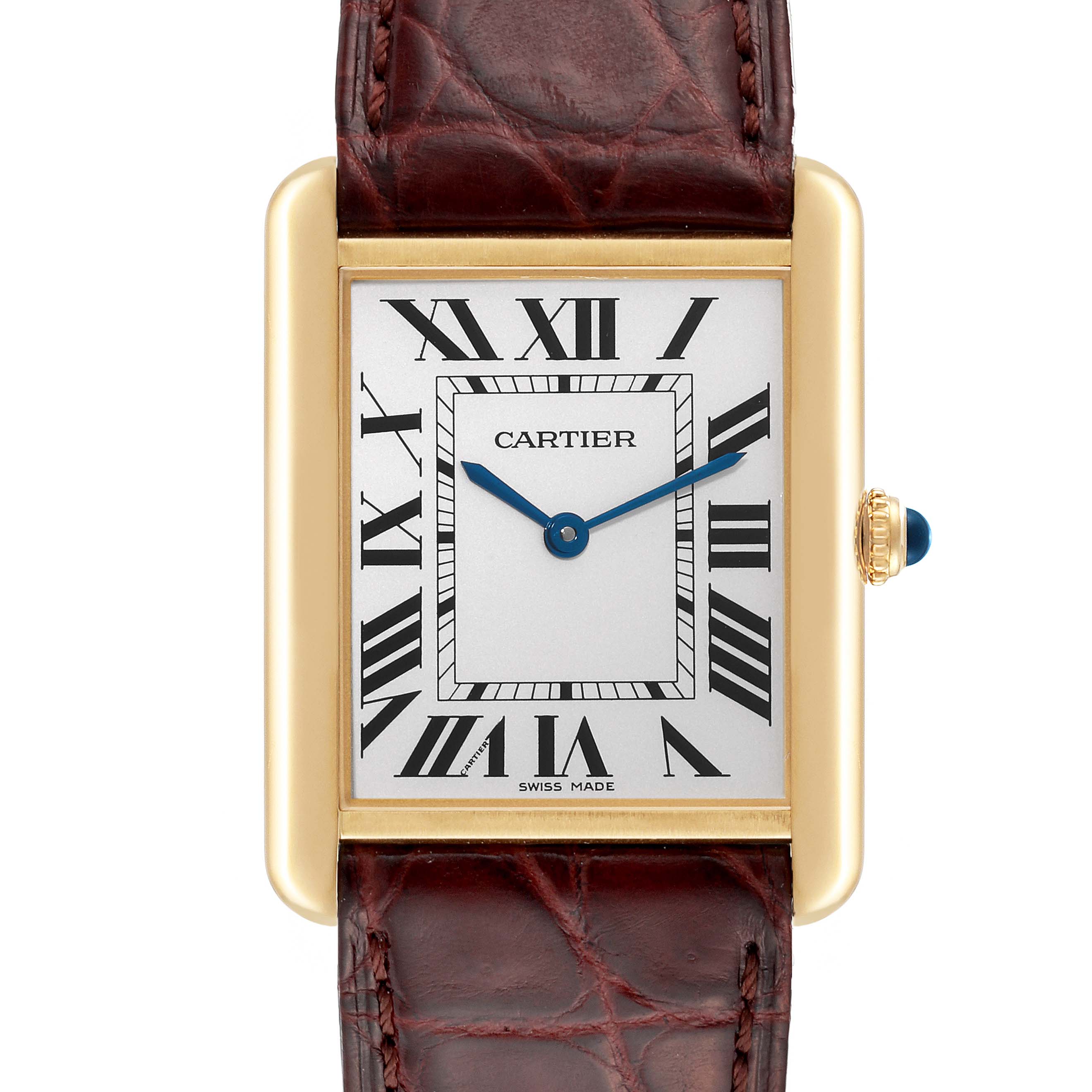 The image depicts a frontal view of a Cartier Tank Solo W1018855 Men
s Steel and Gold (two tone) Silver Dial W1018855 Men
s Steel and Gold (two tone) Silver Dial watch, showing its dial, Roman numerals, blue hands, and leather strap.