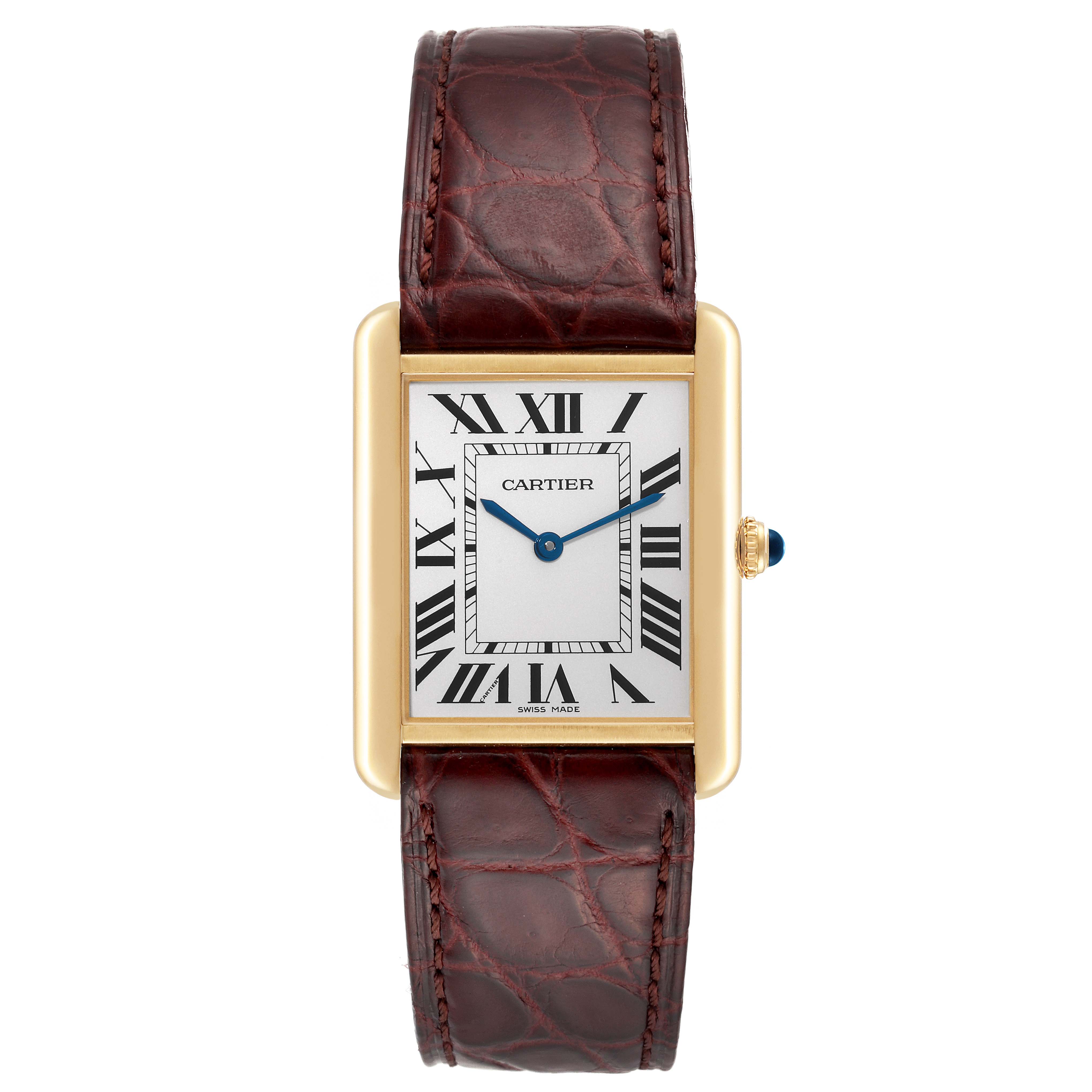 The Cartier Tank Solo W1018855 Men
s Steel and Gold (two tone) Silver Dial W1018855 Men
s Steel and Gold (two tone) Silver Dial watch is shown from a front angle, displaying its rectangular face, Roman numerals, blue hands, and brown leather strap.